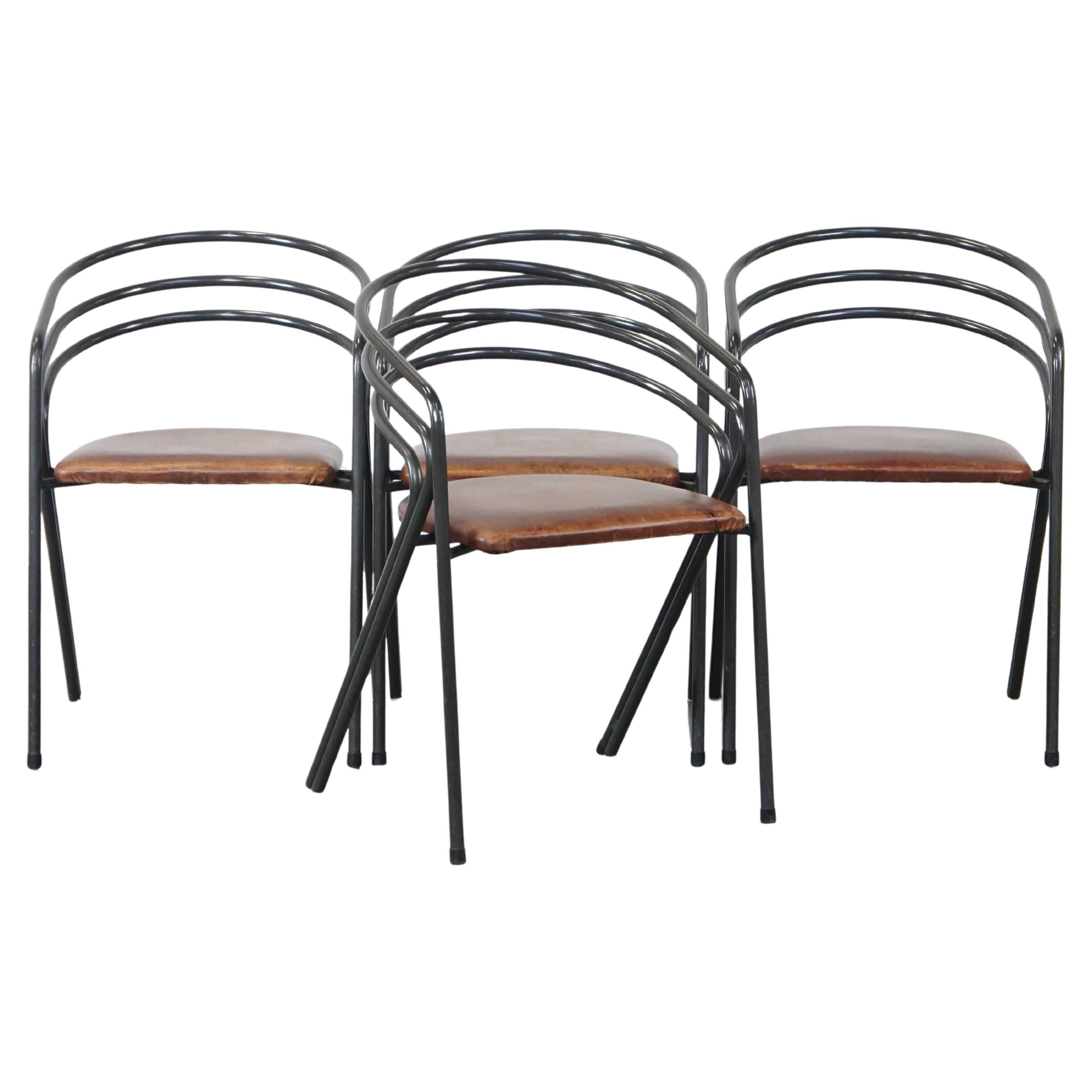 Nice set of 4 1970s design dining chairs with leather seat and metal frame