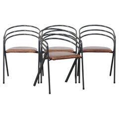Nice set of 4 1970s design dining chairs with leather seat and metal frame