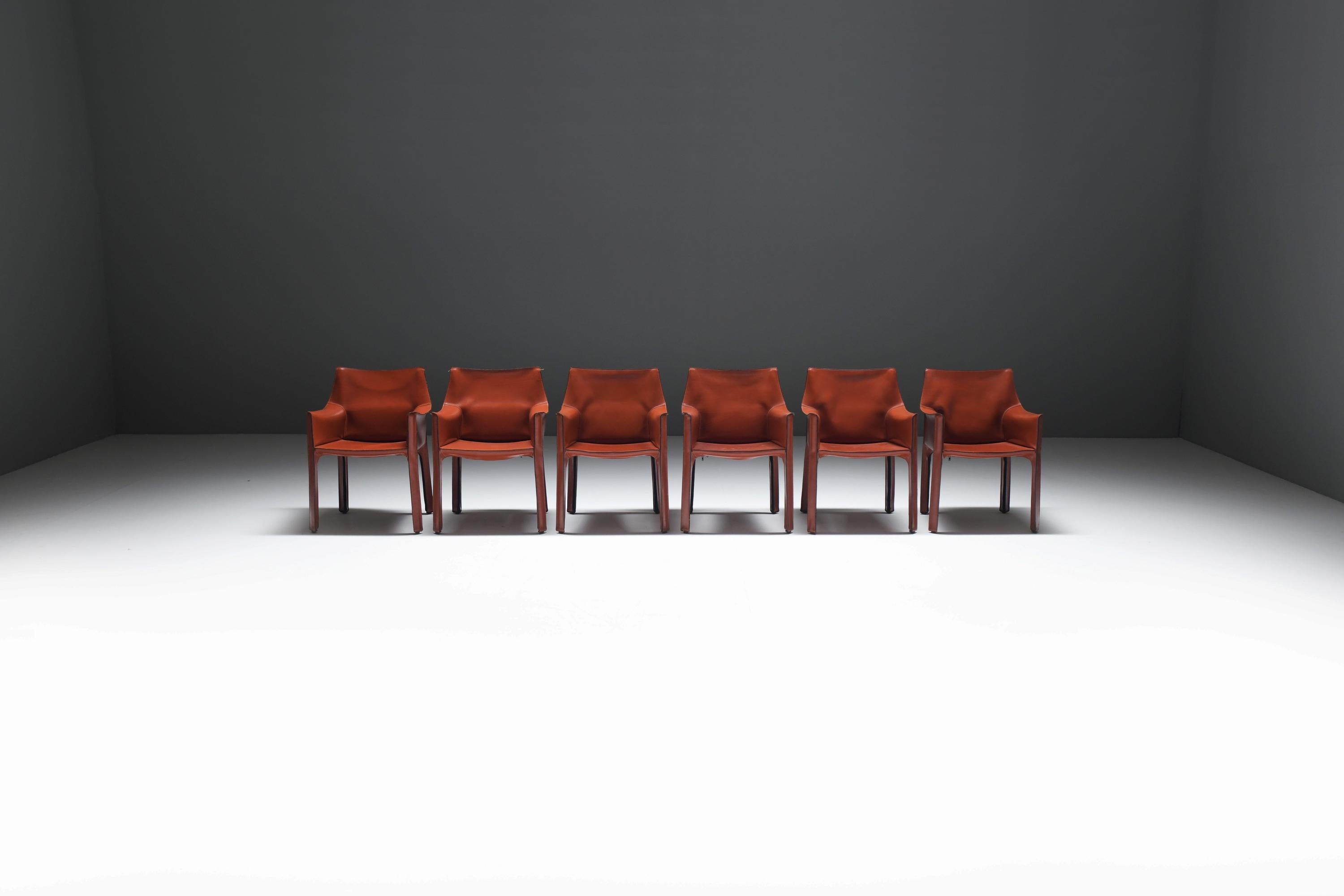 Mid-Century Modern Nice set of 6 burgundy leather Cab 413 chairs - Mario Bellini - CASSINA Italy