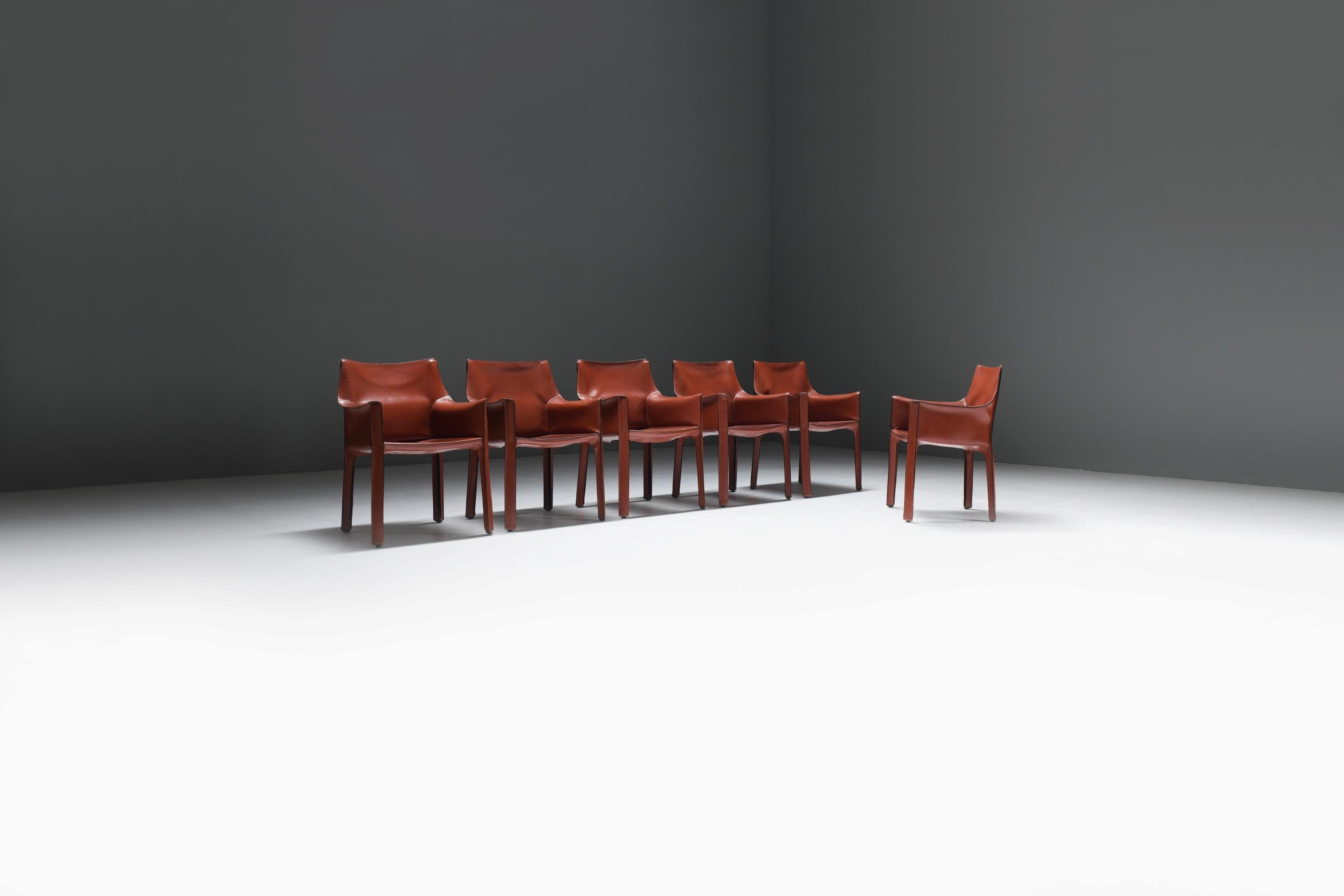 Italian Nice set of 6 burgundy leather Cab 413 chairs - Mario Bellini - CASSINA Italy