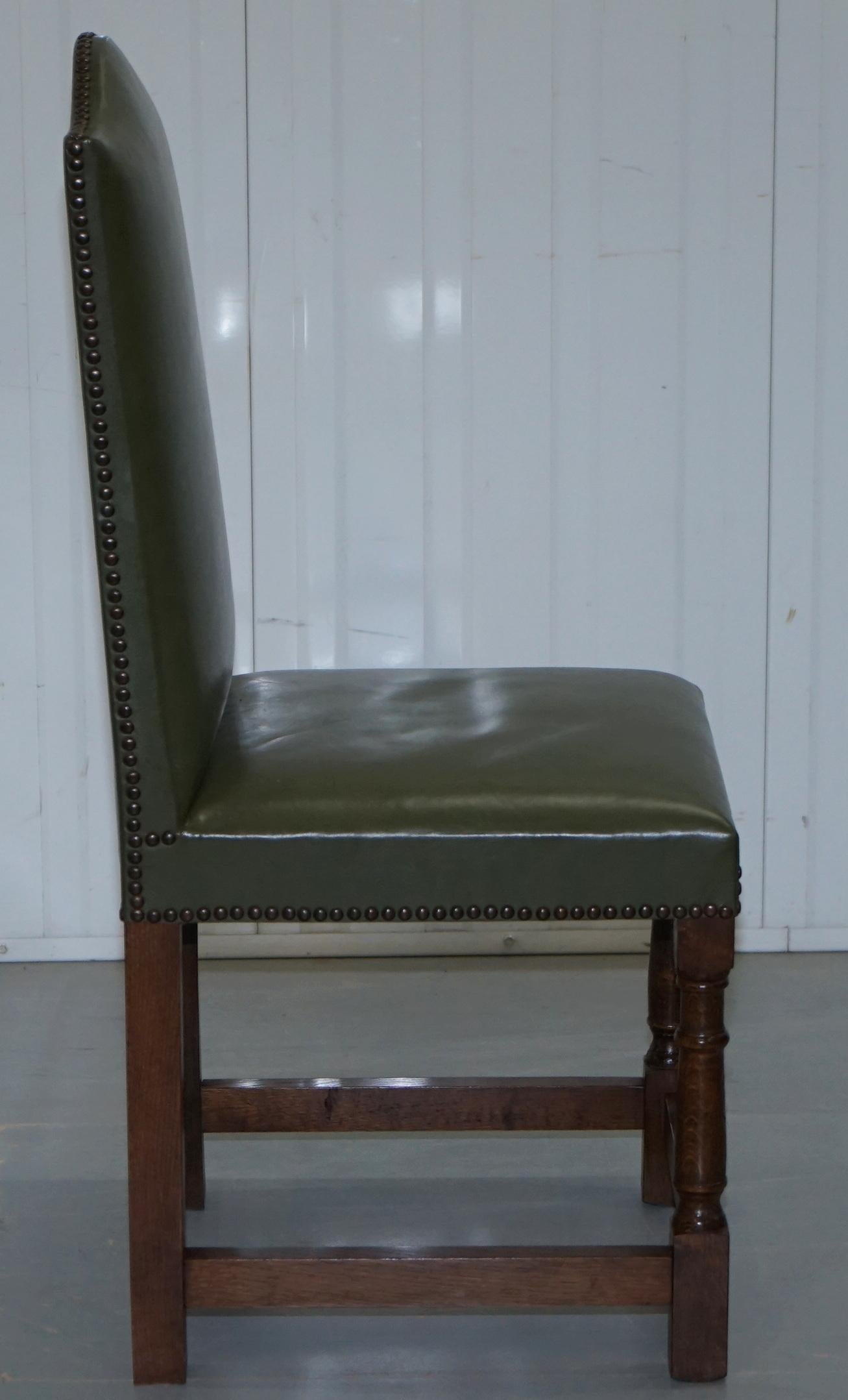 Nice Set of Six Edwardian English Oak and Green Leather High Back Dining Chairs 5