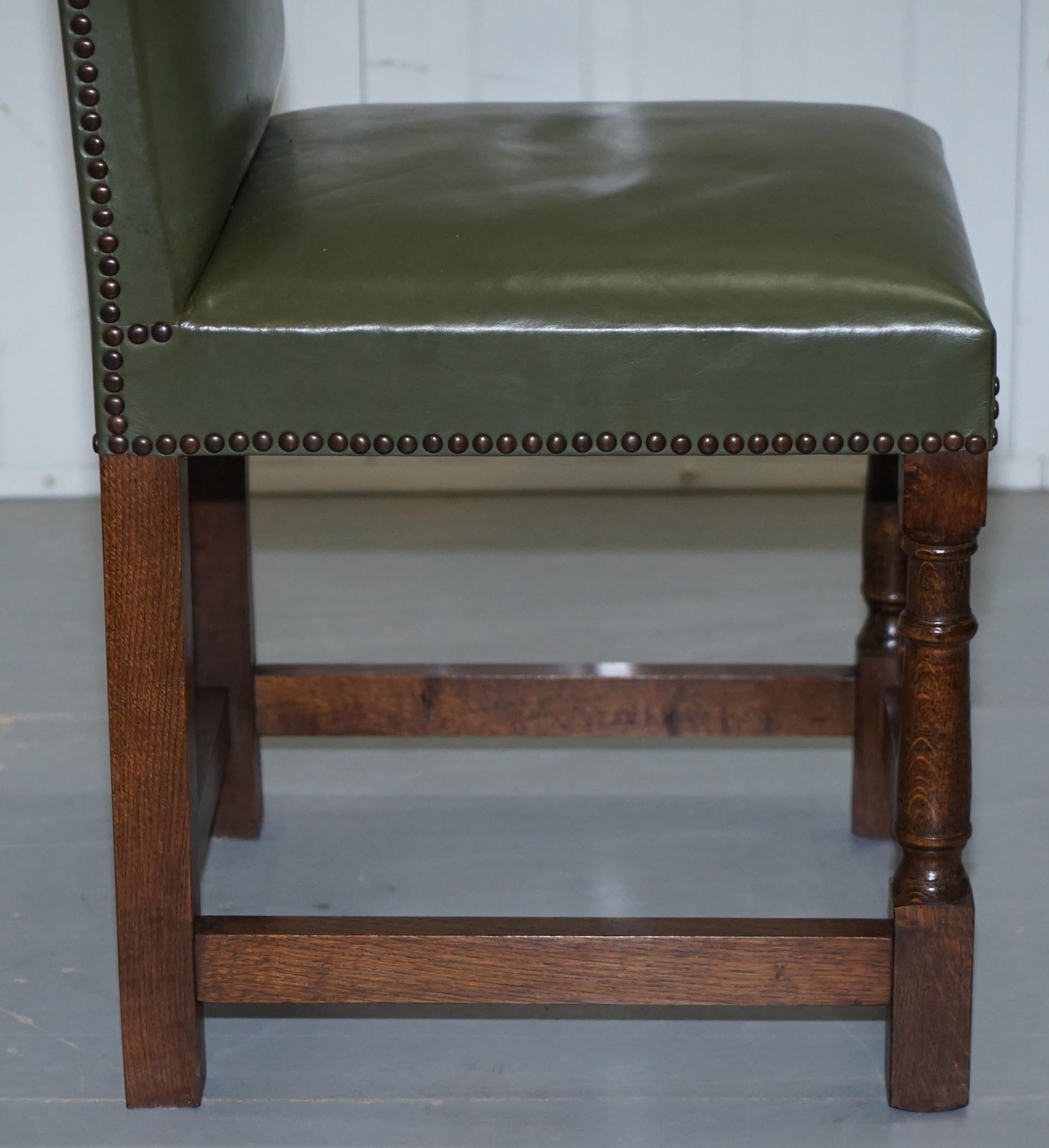 Nice Set of Six Edwardian English Oak and Green Leather High Back Dining Chairs 6