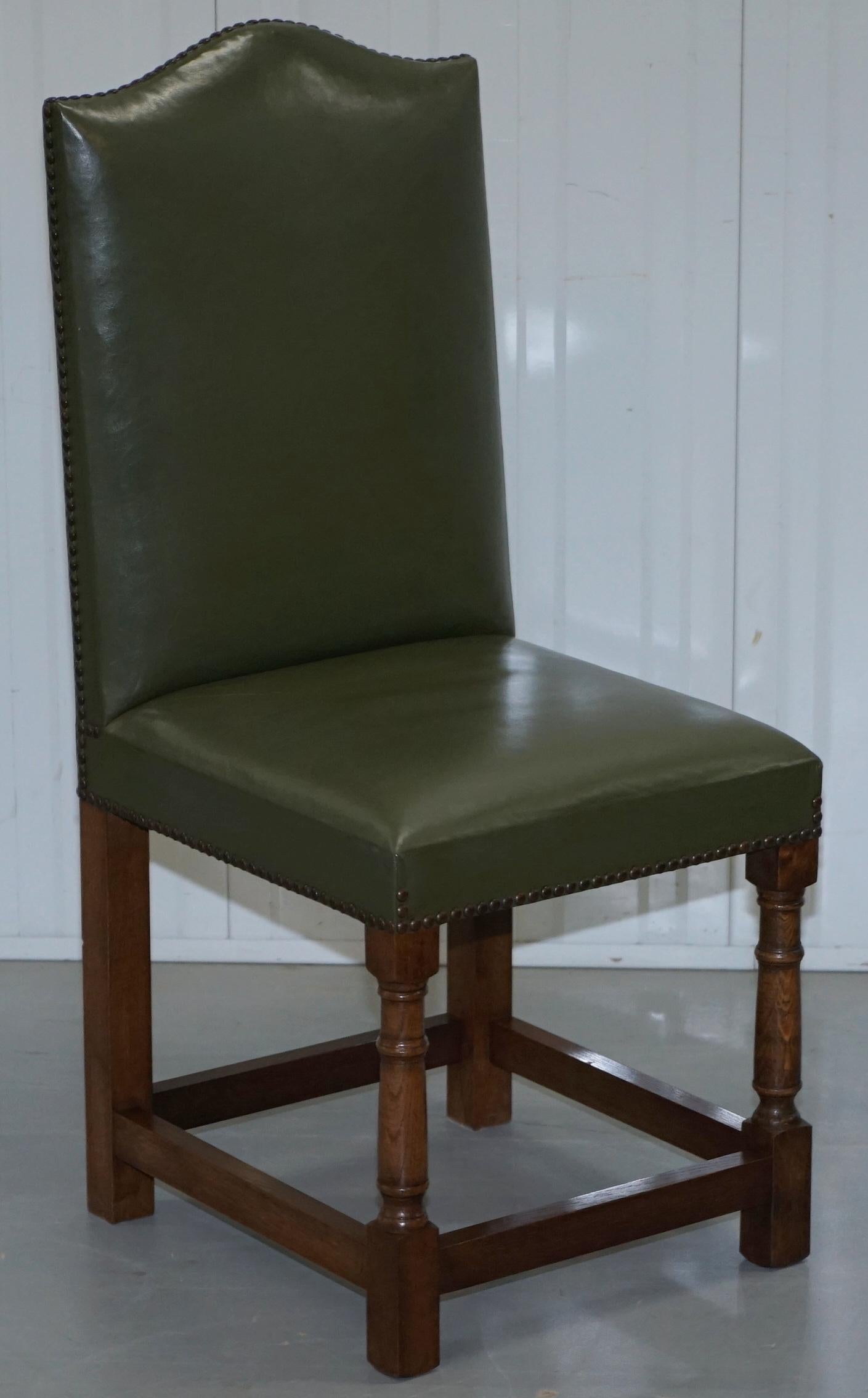 Nice Set of Six Edwardian English Oak and Green Leather High Back Dining Chairs 8