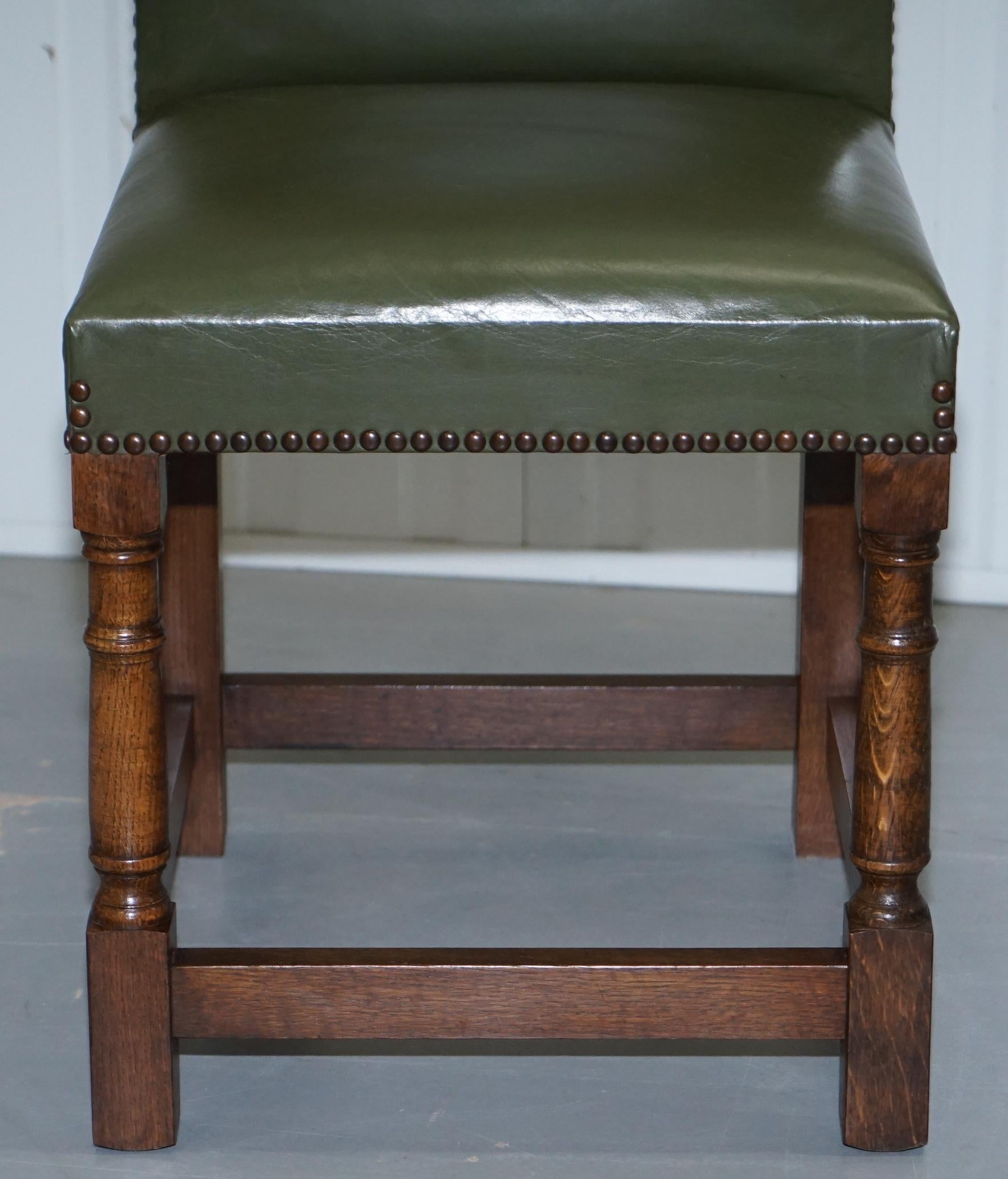 Nice Set of Six Edwardian English Oak and Green Leather High Back Dining Chairs 9