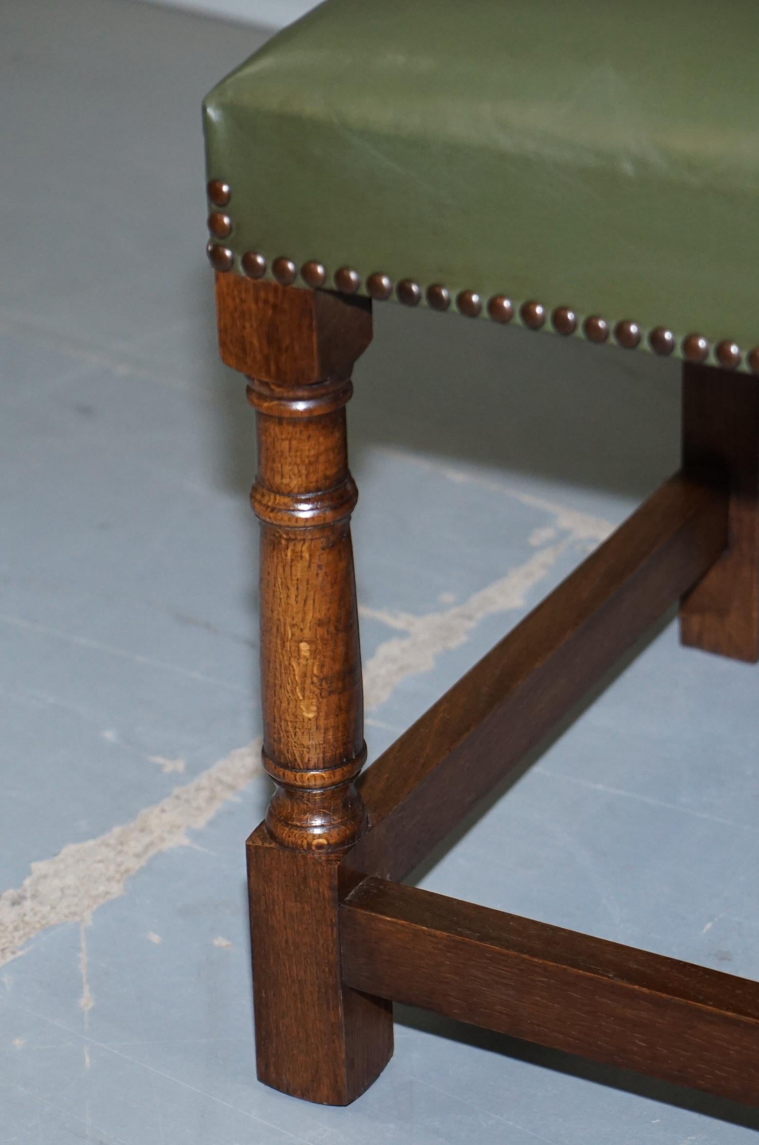 Nice Set of Six Edwardian English Oak and Green Leather High Back Dining Chairs 10