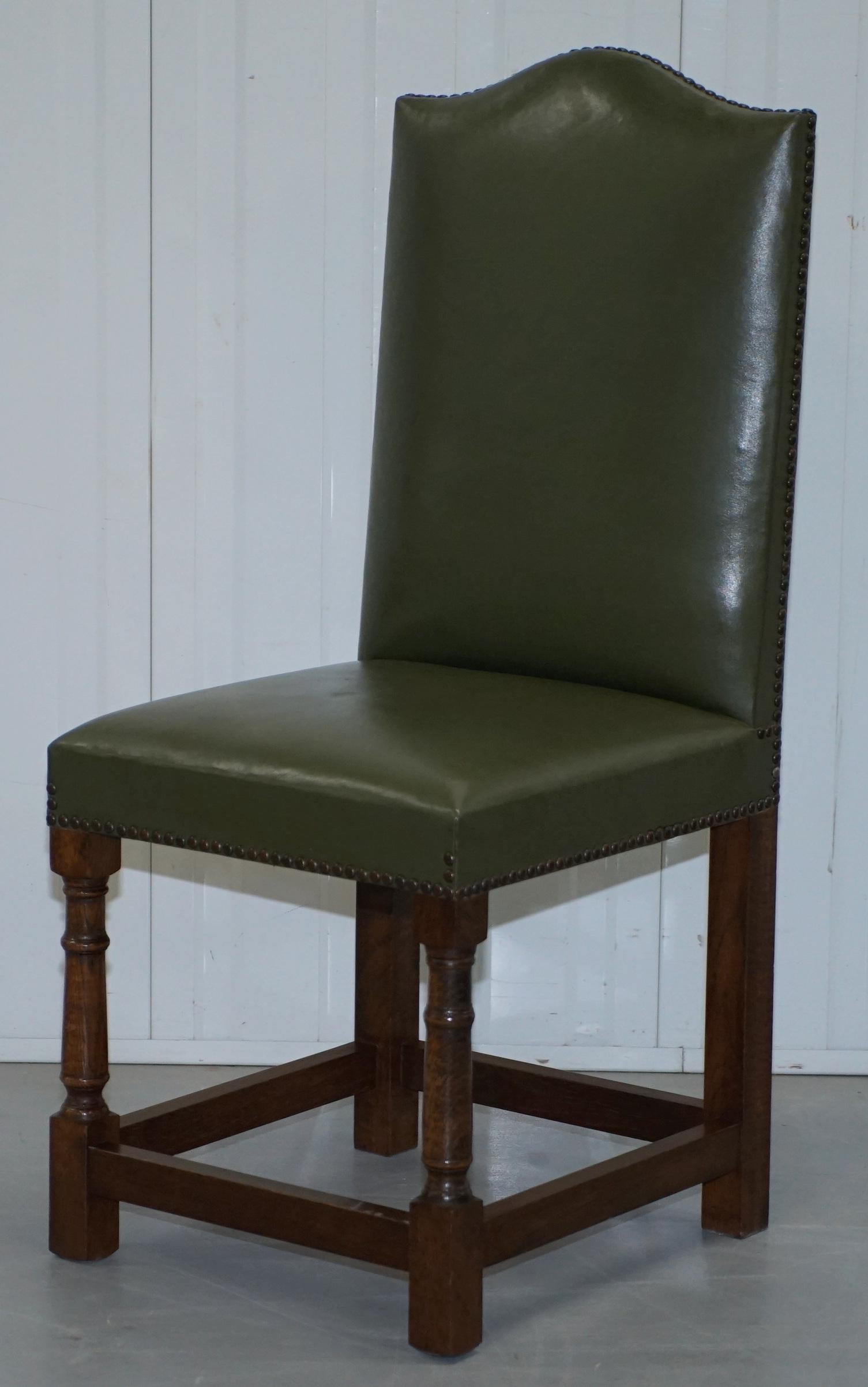 Nice Set of Six Edwardian English Oak and Green Leather High Back Dining Chairs 12