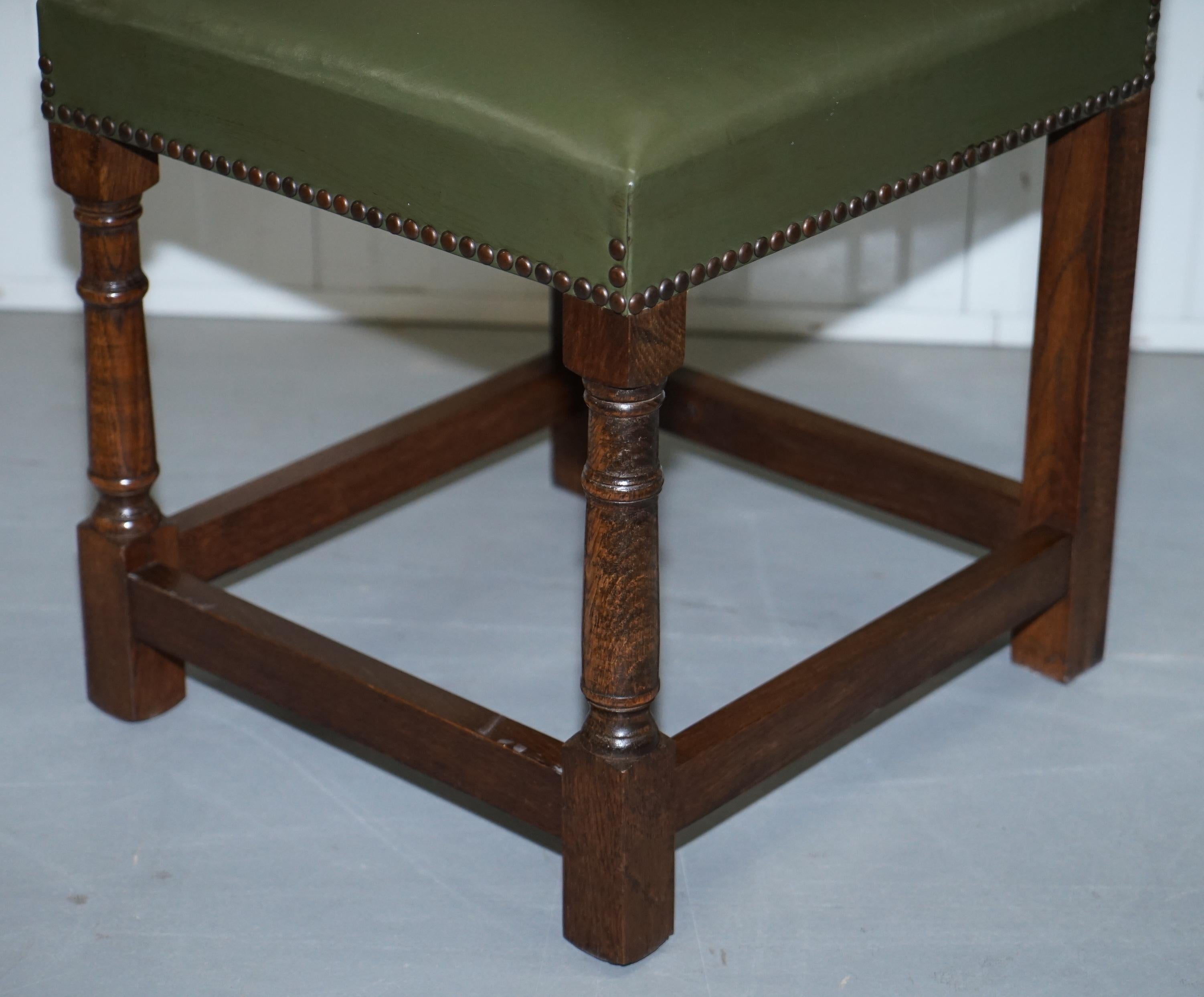 Nice Set of Six Edwardian English Oak and Green Leather High Back Dining Chairs 13