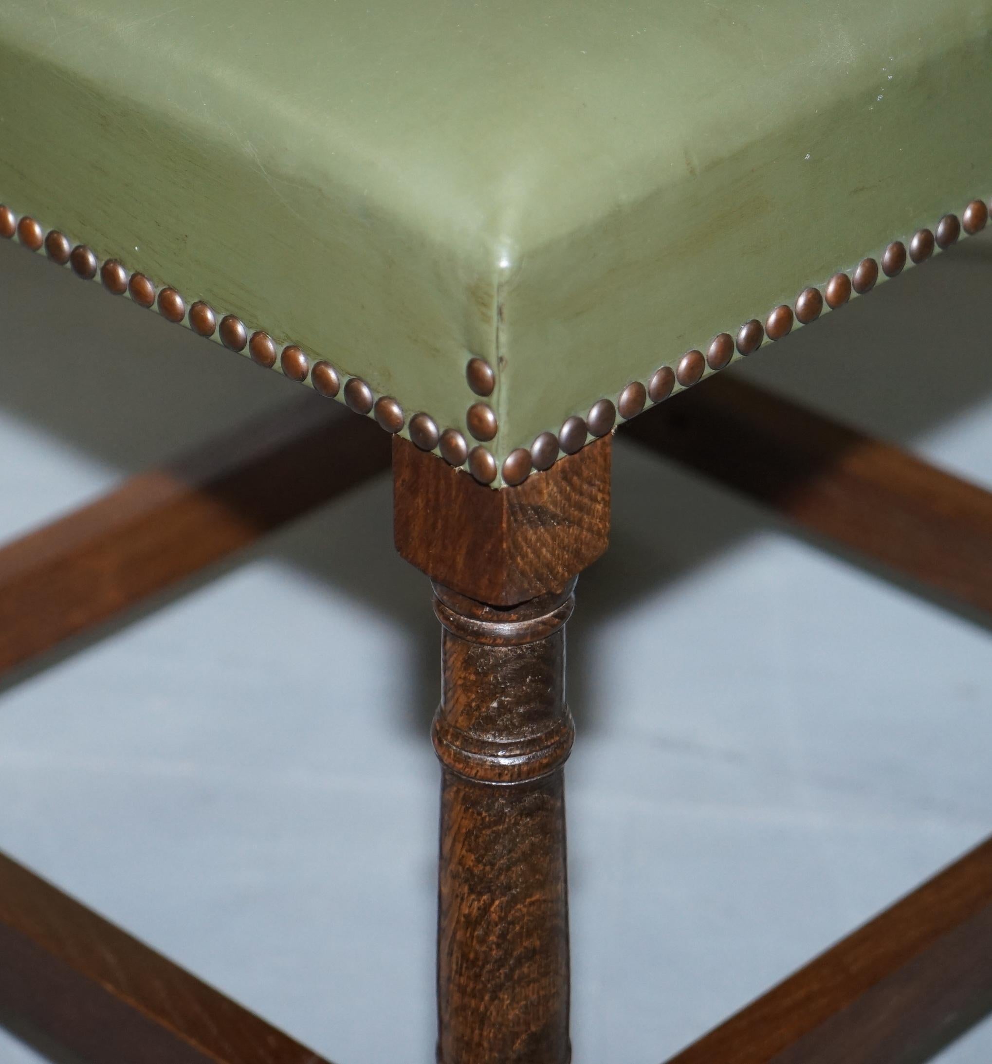 Nice Set of Six Edwardian English Oak and Green Leather High Back Dining Chairs 14