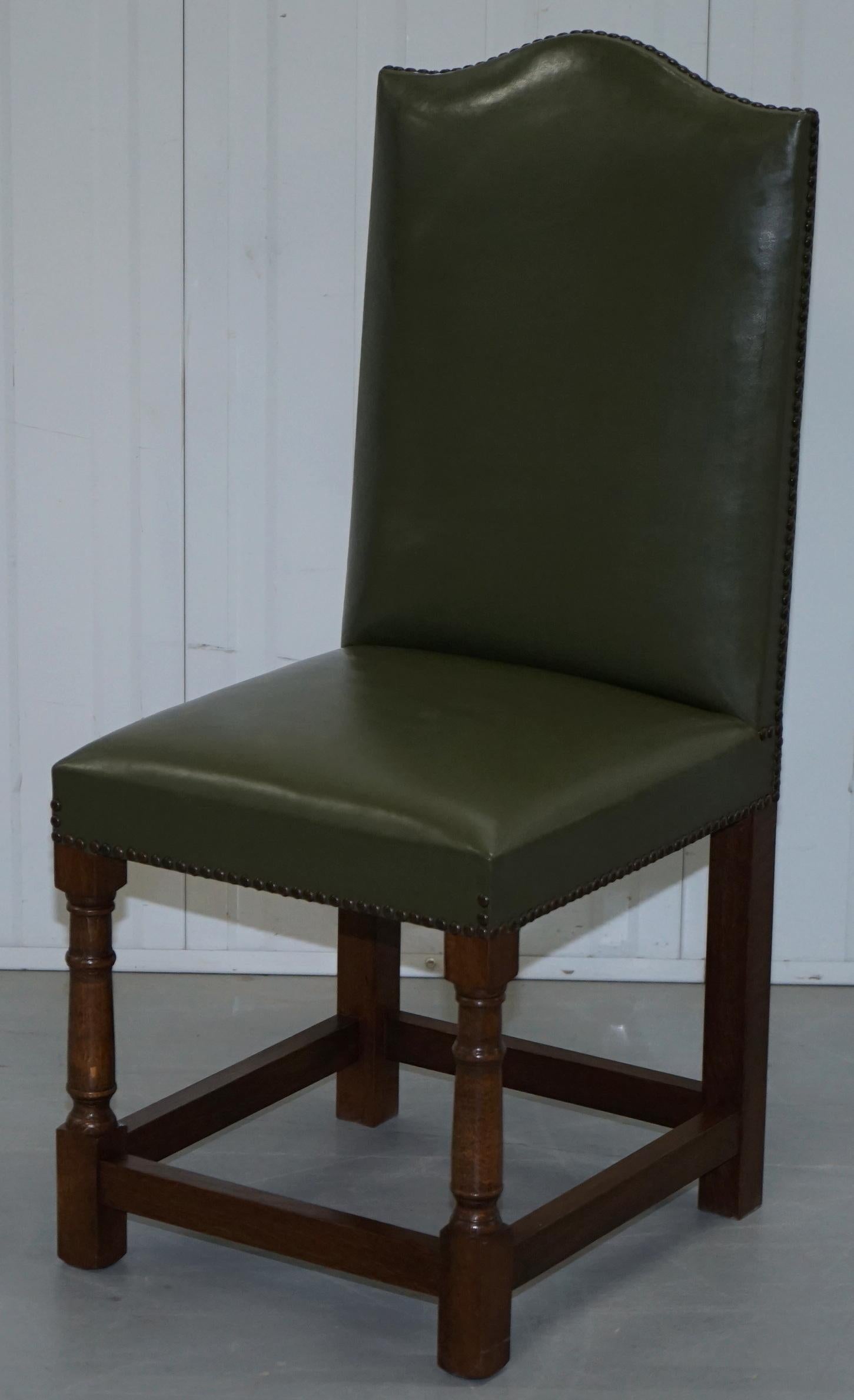 Nice Set of Six Edwardian English Oak and Green Leather High Back Dining Chairs 15