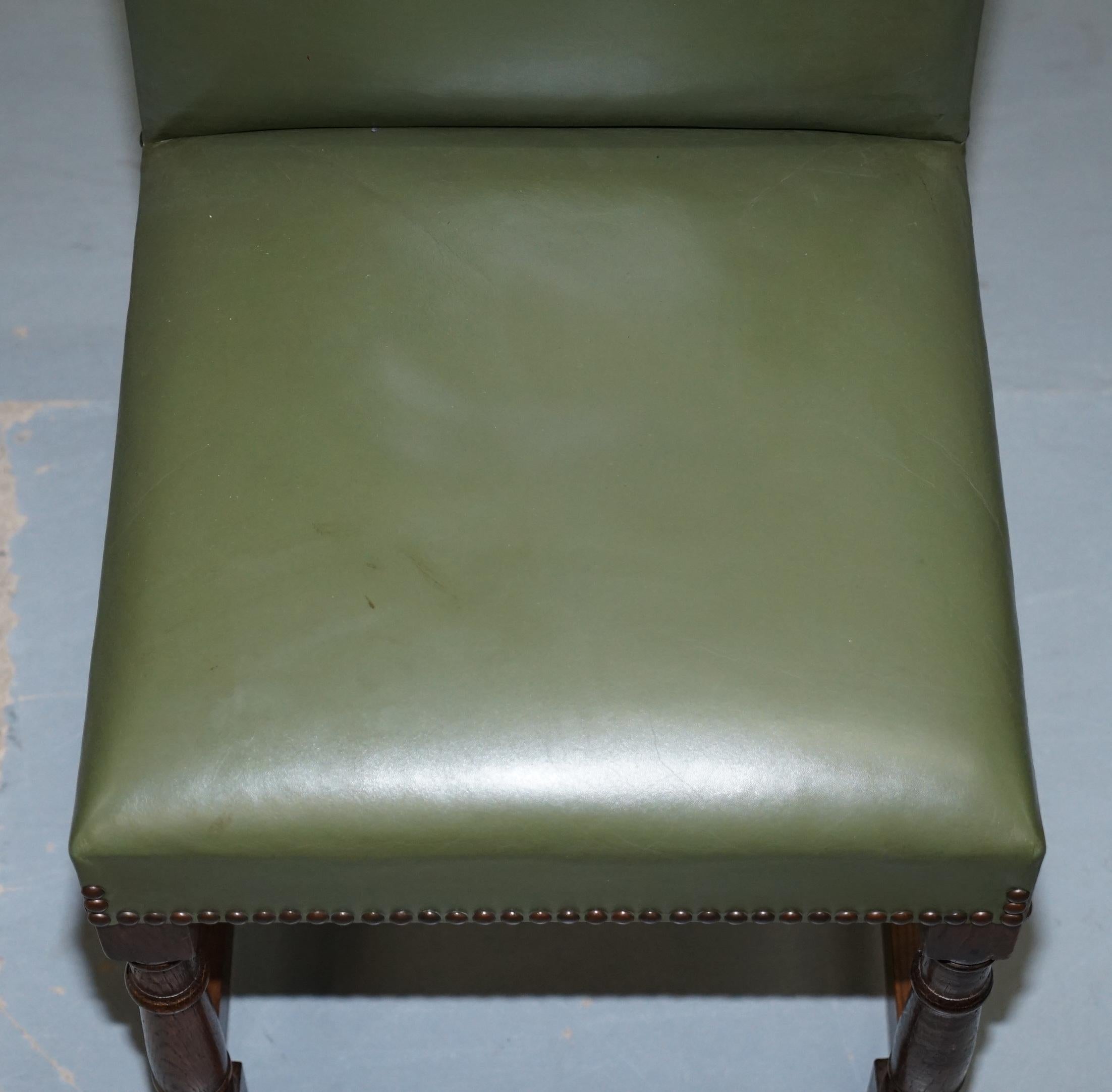 Nice Set of Six Edwardian English Oak and Green Leather High Back Dining Chairs 1