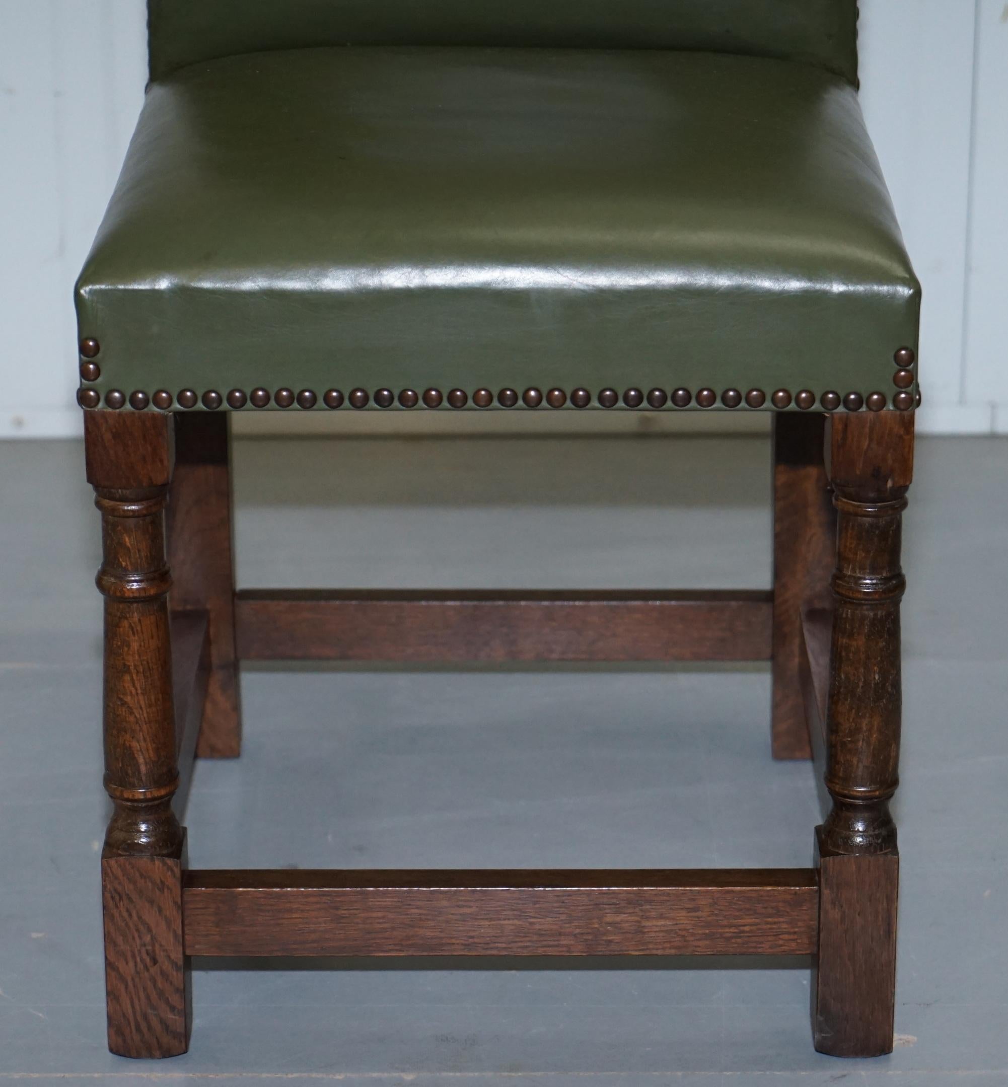 Nice Set of Six Edwardian English Oak and Green Leather High Back Dining Chairs 2