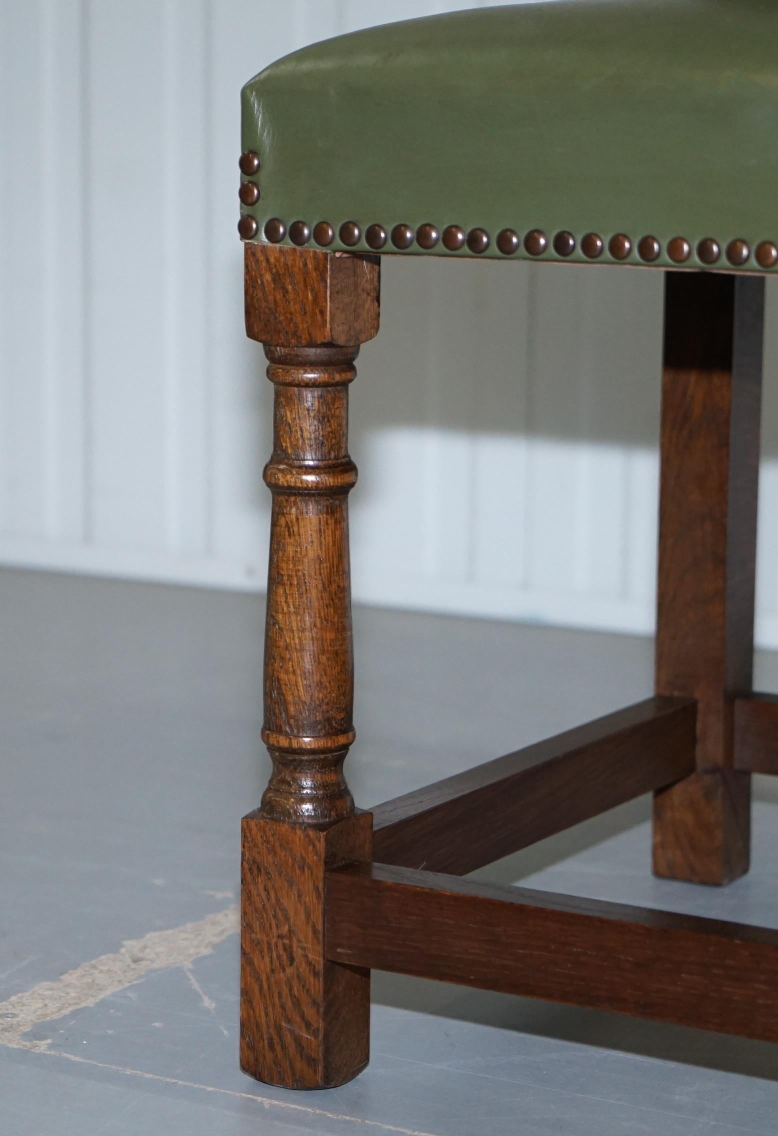 Nice Set of Six Edwardian English Oak and Green Leather High Back Dining Chairs 3