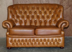 Nice Small Wide Chesterfield Tan Brown Leather Tufted Sofa with High Back