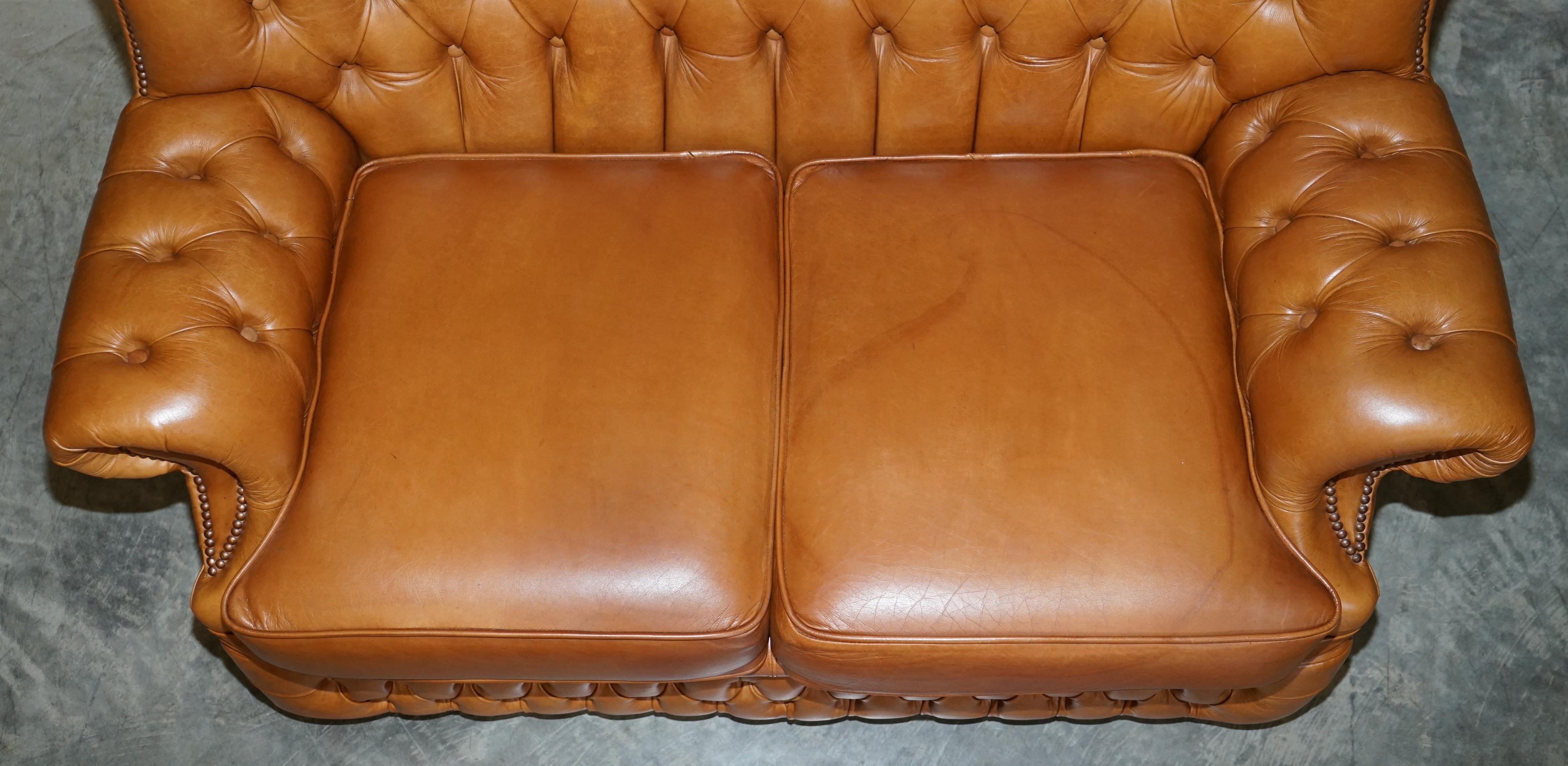 Hand-Crafted Nice Small Wide Chesterfield Tan Brown Leather Tufted Sofa with High Back For Sale