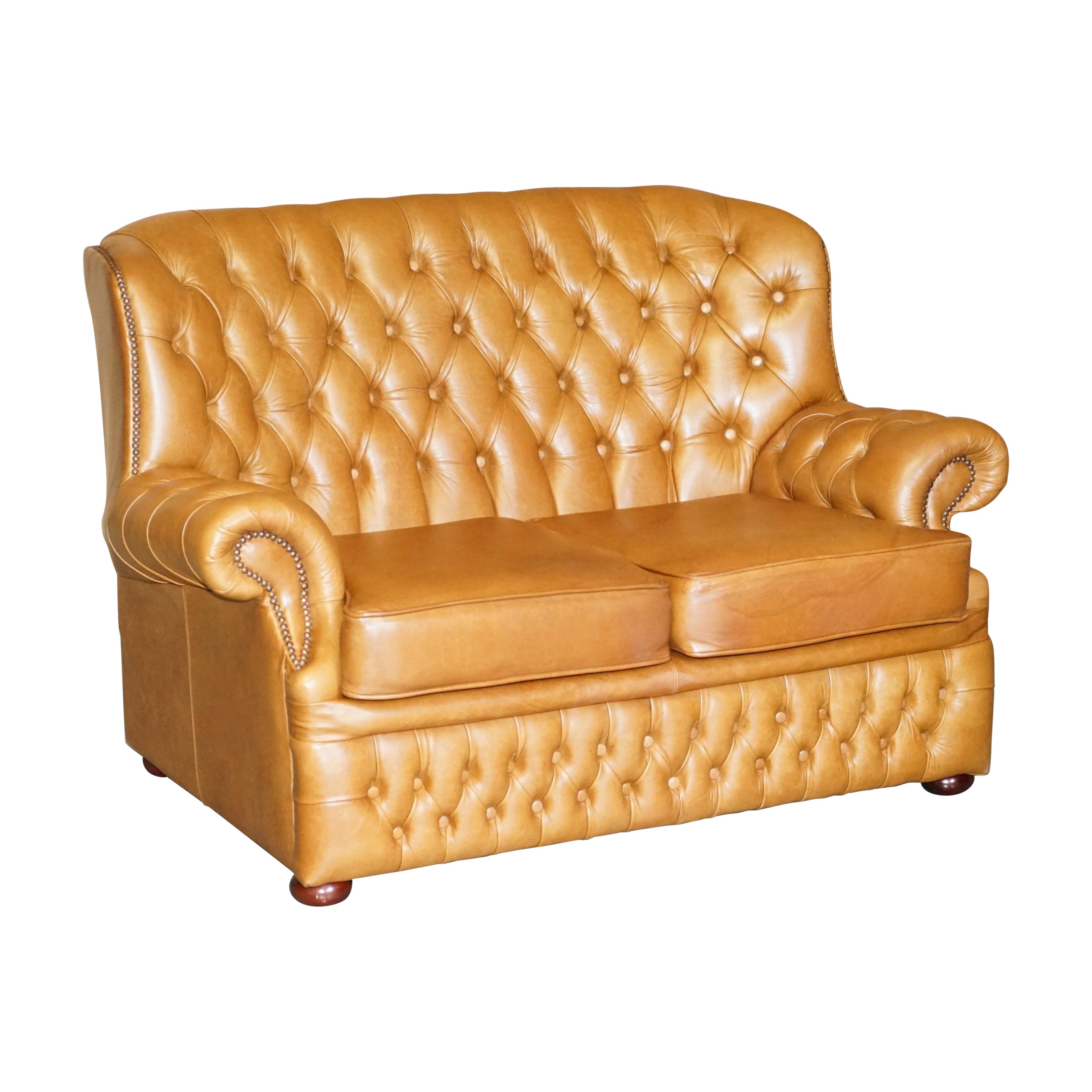 Nice Small Wide Chesterfield Tan Brown Leather Tufted Sofa with High Back