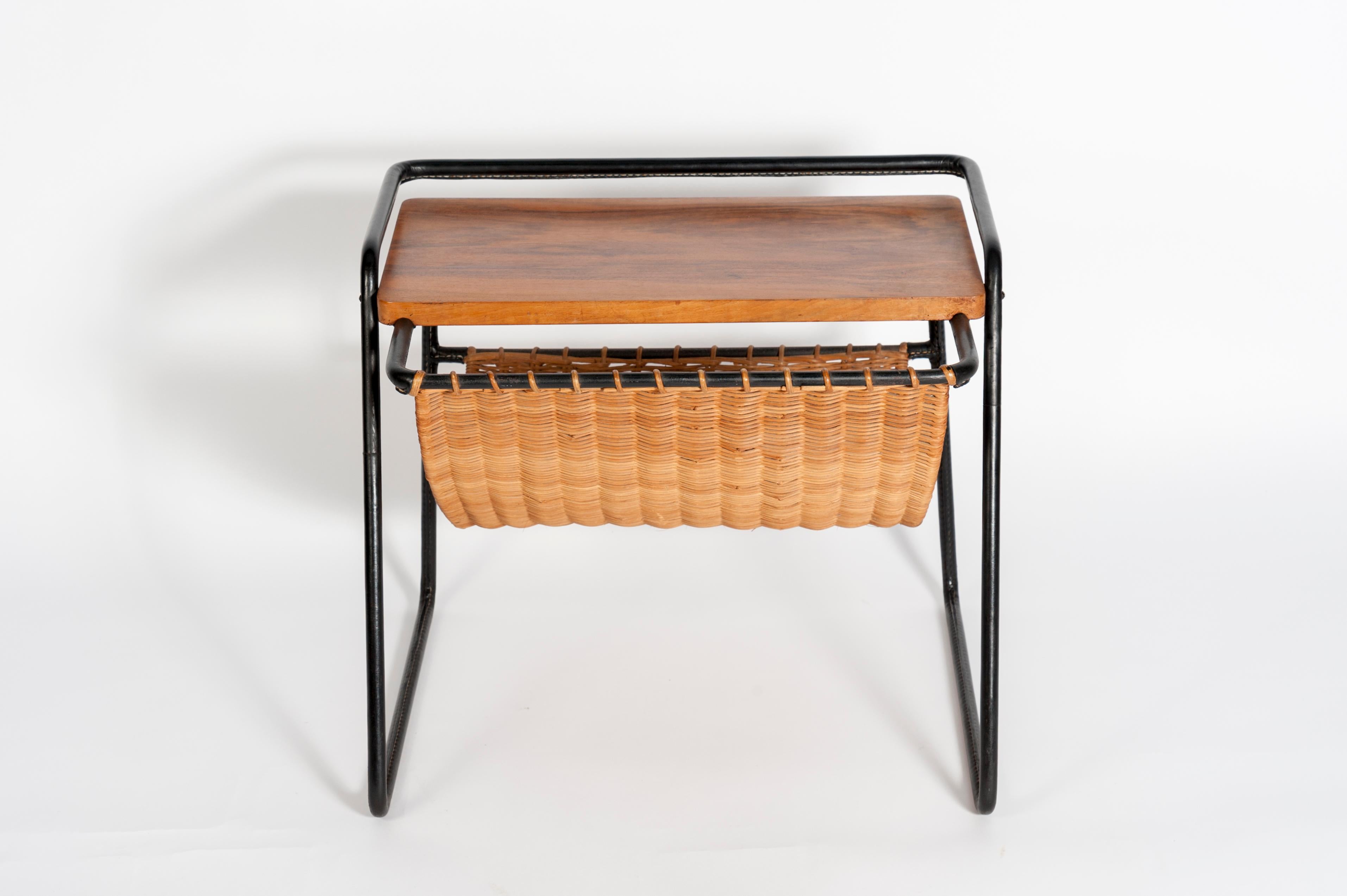 French Nice Stitched Leather Side Table or Book Rack by Jacques Adnet