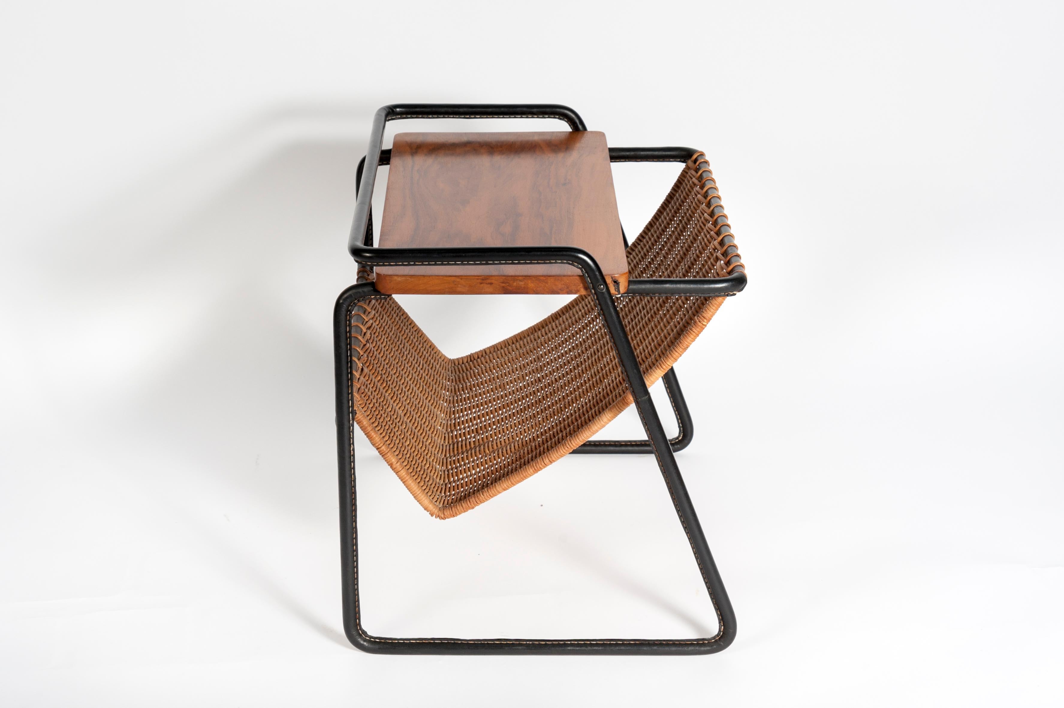Nice Stitched Leather Side Table or Book Rack by Jacques Adnet In Excellent Condition In New York, NY