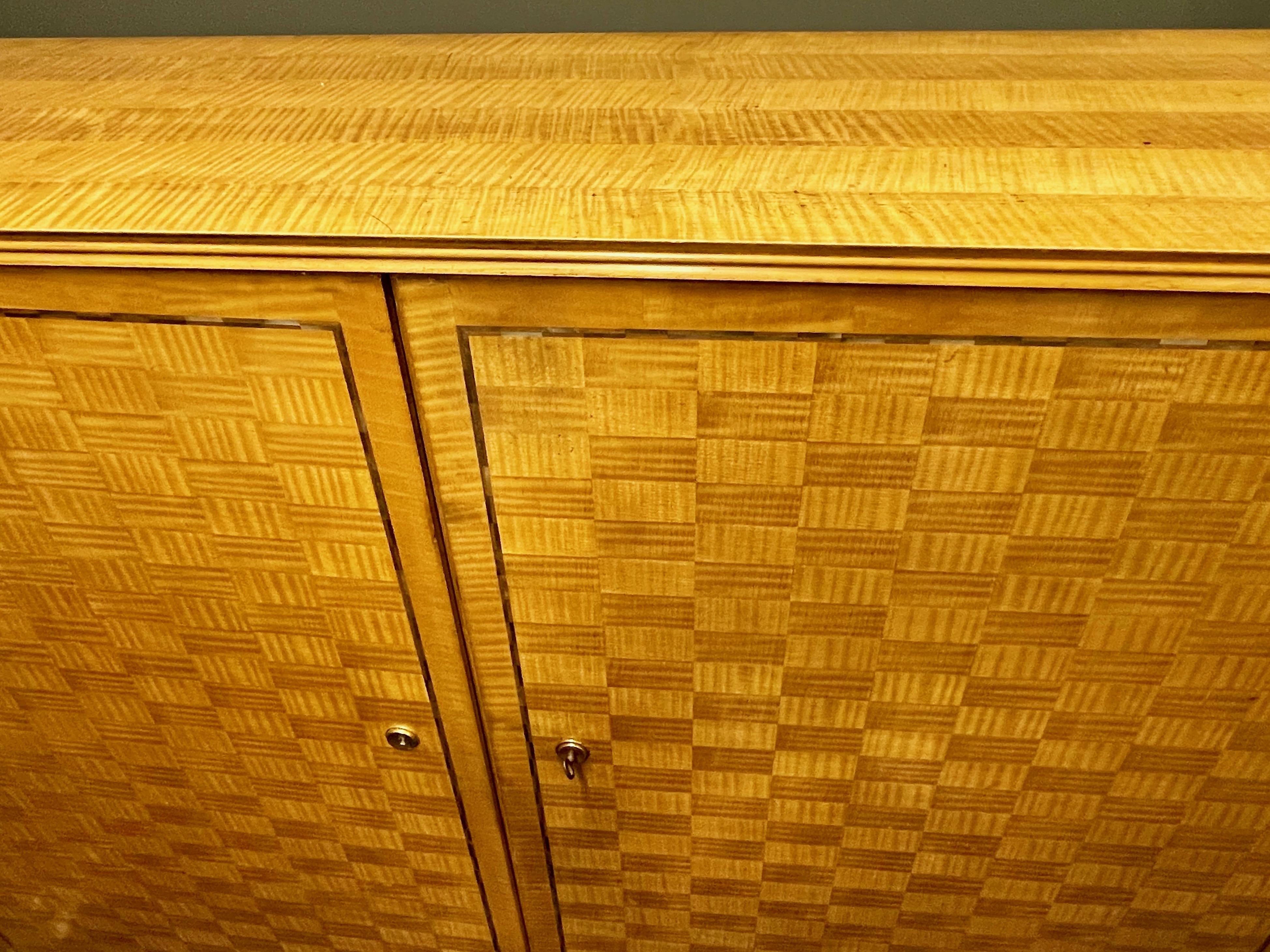 Nice Sycamore Marquetry Cabinet with Bronze Feet by Jules Leleu, France, 1956 1