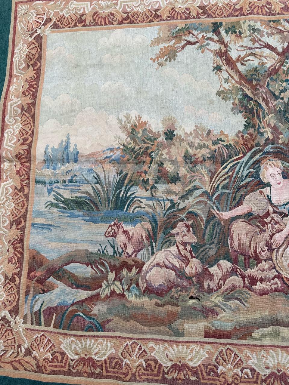 Hand-Woven Bobyrug’s Nice Vintage Aubusson Style Hand Woven Tapestry For Sale
