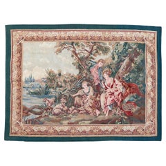 Bobyrug’s Nice Vintage Aubusson Style Hand Woven Tapestry