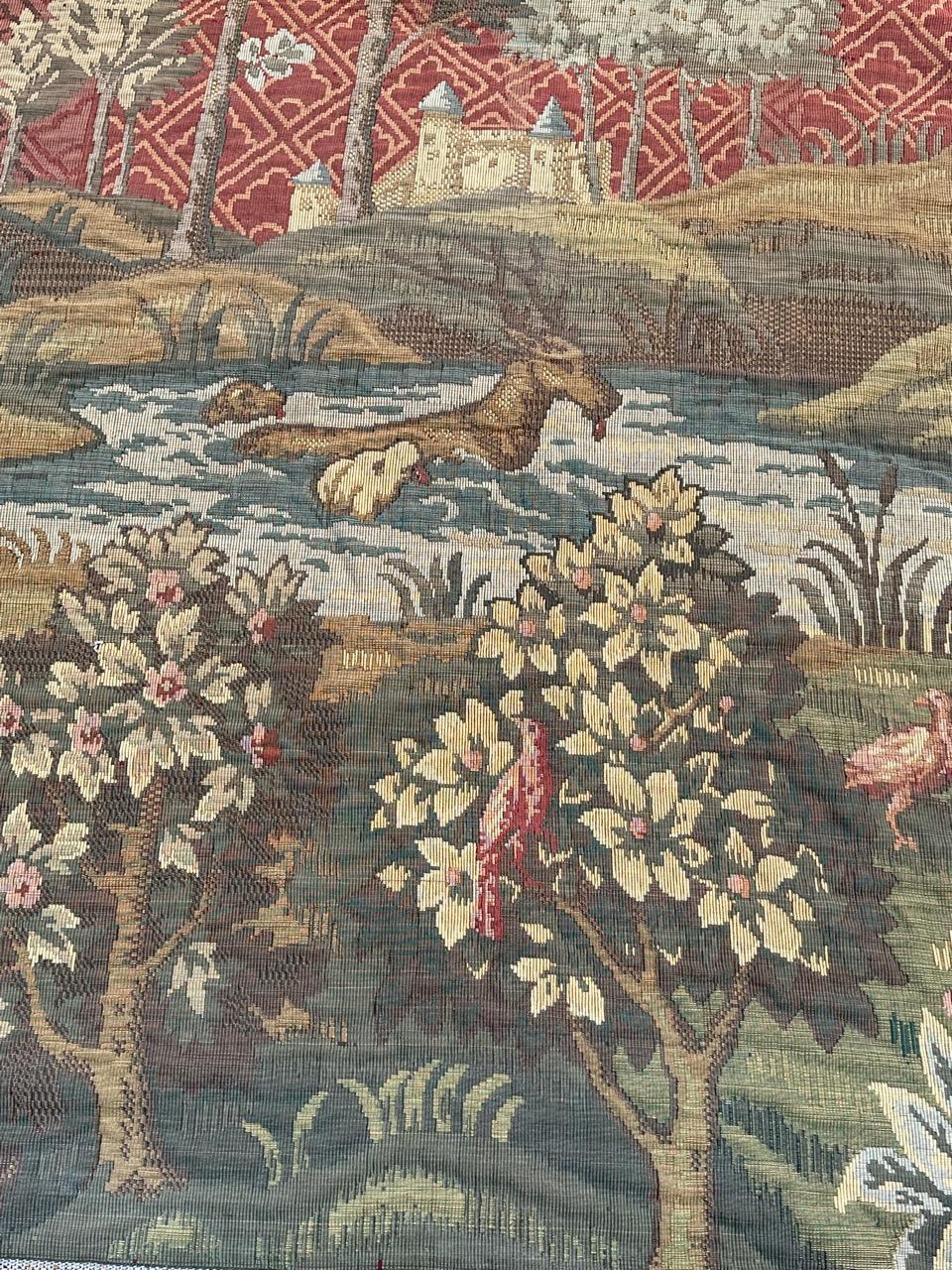 Beautiful french Aubusson style tapestry with nice medieval design and beautiful colors, woven with mechanical Jaquar manufacturing with wool and cotton.

✨✨✨
