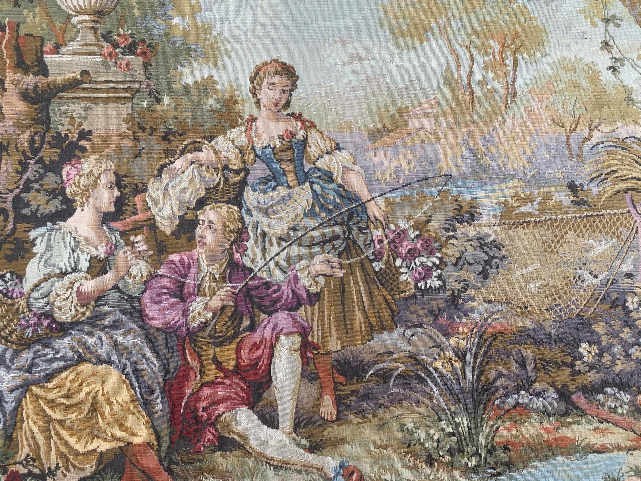 Beautiful Aubusson style tapestry with nice design with a gallant scene and nice colors, mechanical Jaquar manufacturing with wool and cotton.
Size: 100 x 140 cm.