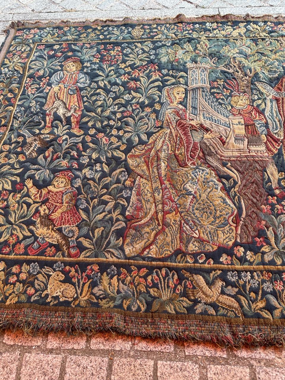 Bobyrug’s Nice Vintage Aubusson Style Jaquar Tapestry with Medieval Museum Desig For Sale 9
