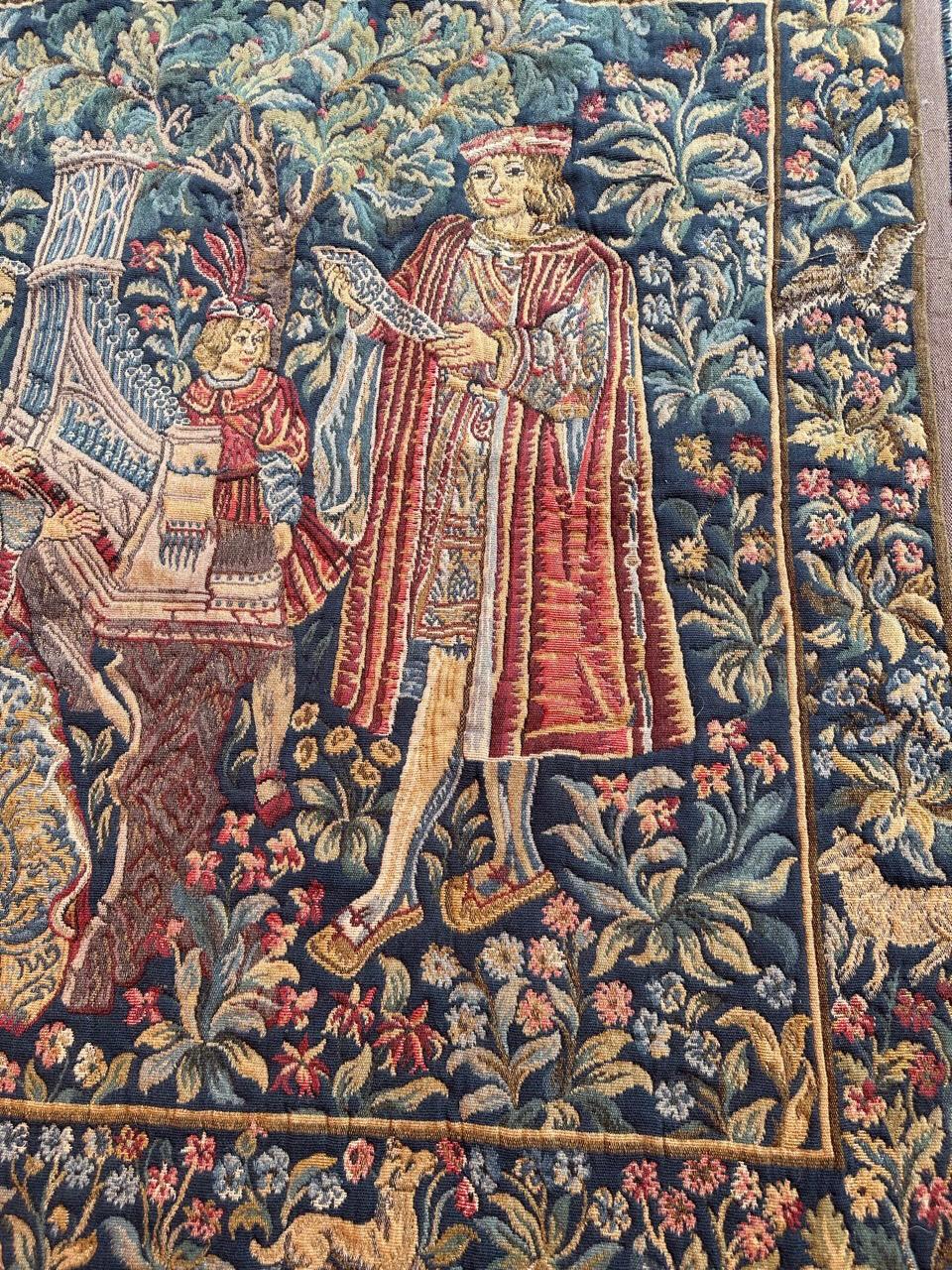 Machine-Made Bobyrug’s Nice Vintage Aubusson Style Jaquar Tapestry with Medieval Museum Desig For Sale