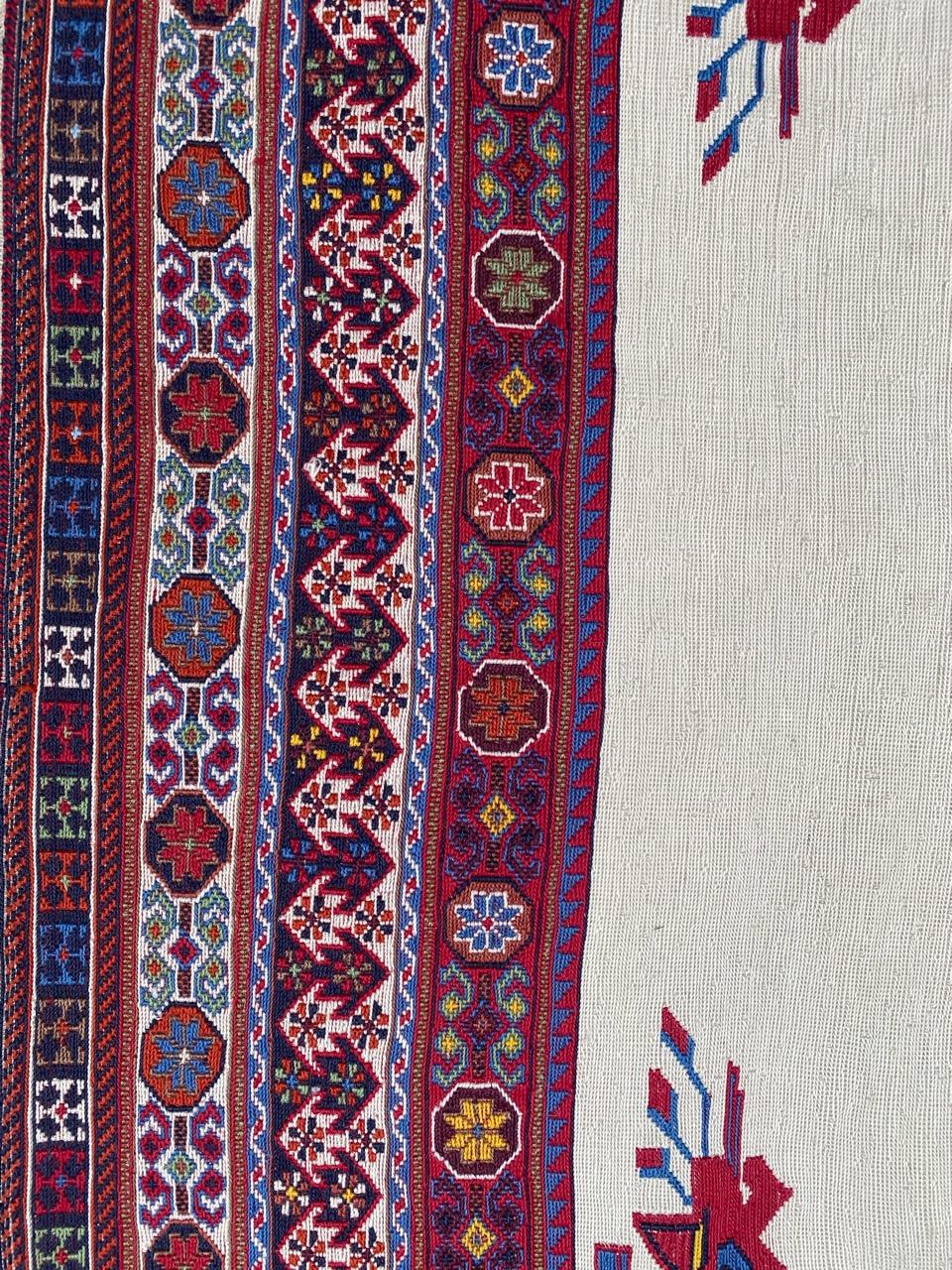 Very beautiful late 20th century embroidered soumak work Kilim with beautiful geometrical Caucasian design and nice light colors, entirely hand embroidered with soumak method with wool on wool foundation.

✨✨✨
