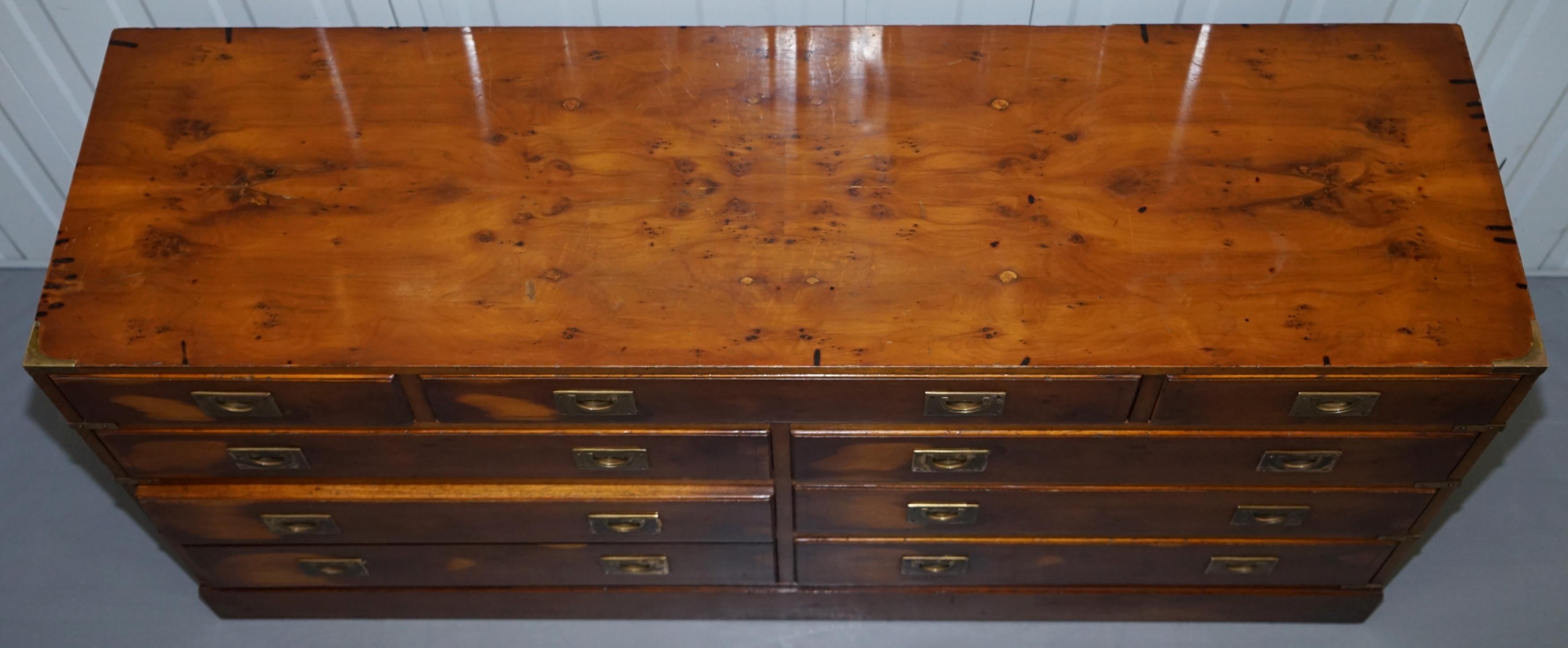 Hand-Crafted Nice Vintage Burr Yew Wood Military Campaign Low Sideboard Chest Bank of Drawers