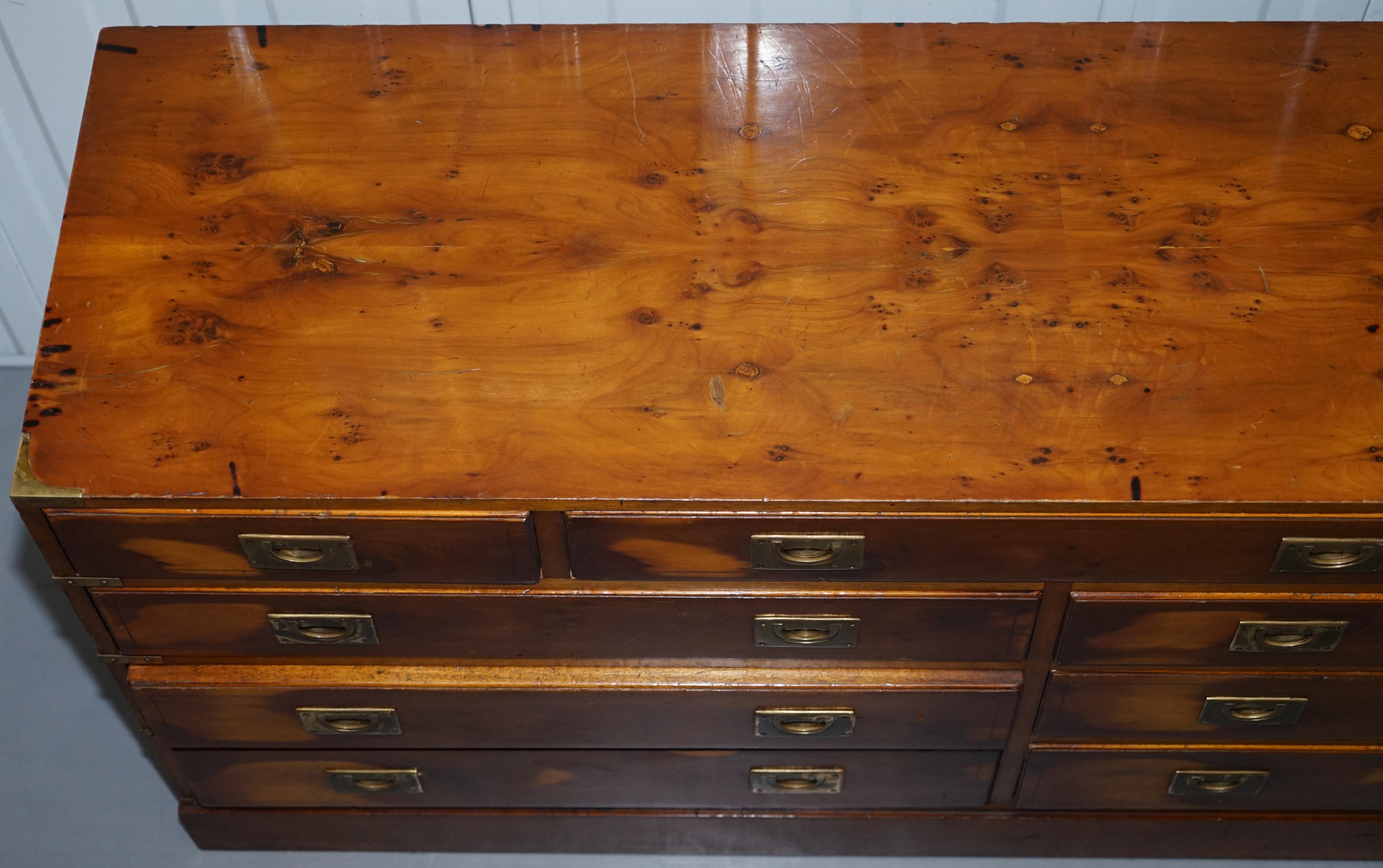 20th Century Nice Vintage Burr Yew Wood Military Campaign Low Sideboard Chest Bank of Drawers