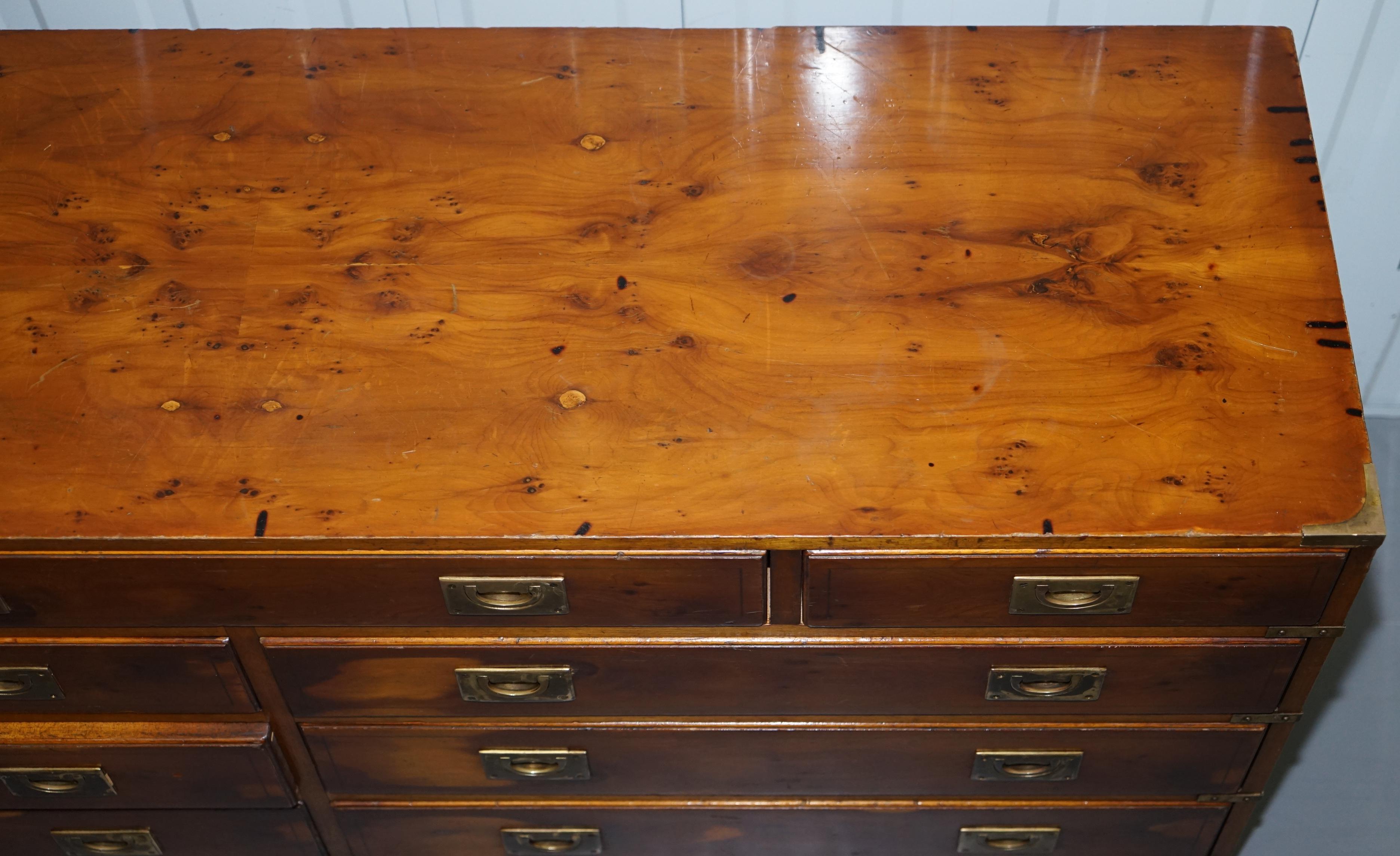 Nice Vintage Burr Yew Wood Military Campaign Low Sideboard Chest Bank of Drawers 1