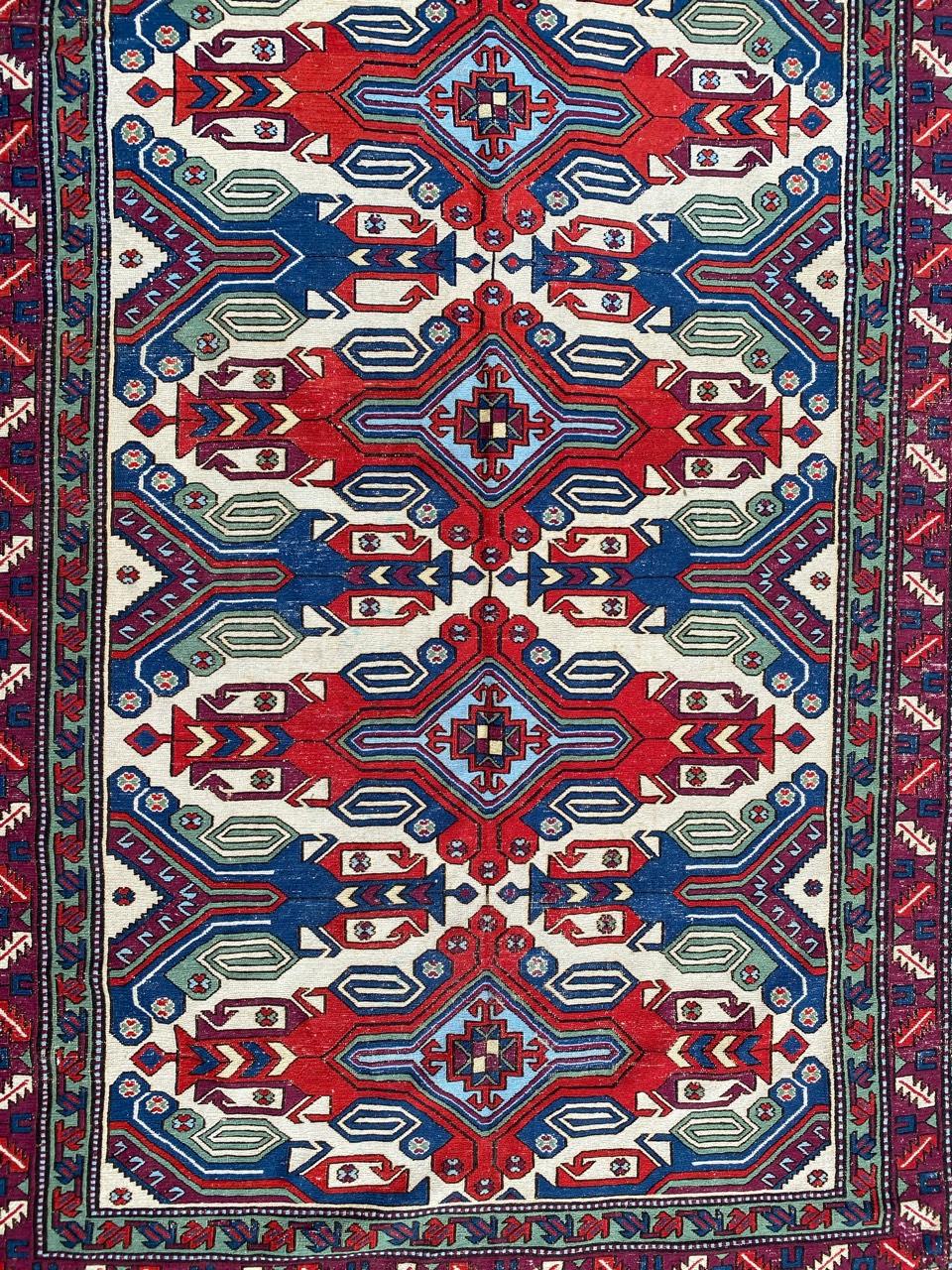 Very beautiful midcentury soumak rug with nice geometrical design and beautiful colors with red, yellow, blue and purple, entirely handwoven and embroidered with wool on wool foundation.

✨✨✨

