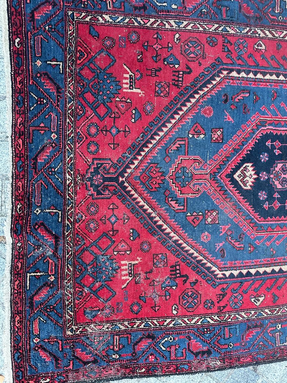 Rustic Bobyrug’s Nice vintage distressed Hamadan rug  For Sale