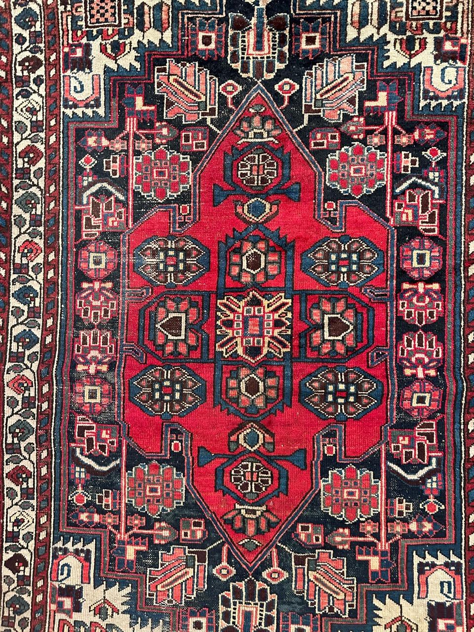 Rustic Bobyrug’s Nice vintage distressed Hamadan rug For Sale