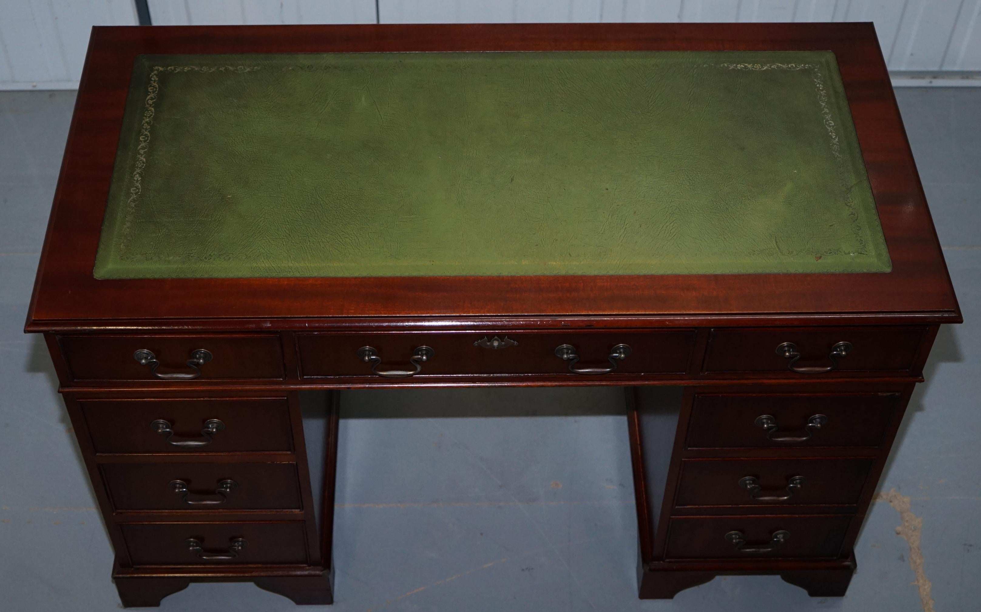 English Nice Vintage Flamed Mahogany Twin Pedestal Partner Desk with Green Leather Top
