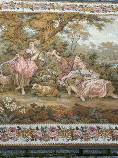 Bonito tapiz Jacquard estilo Aubusson francés vintage  " Reunión galante "