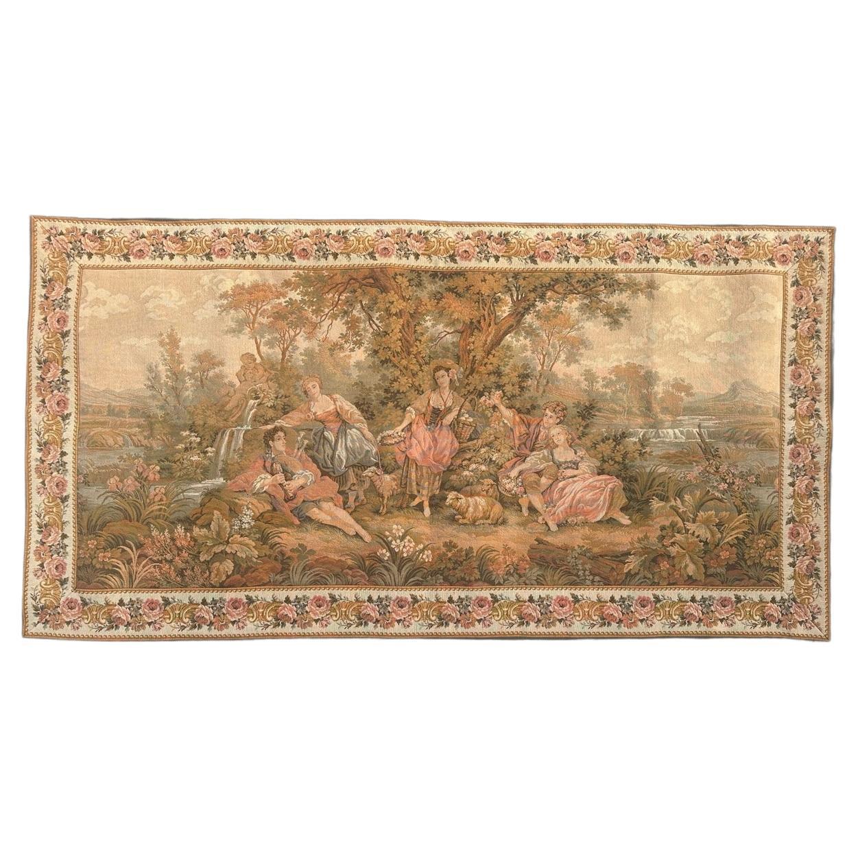 Schöner französischer Jacquard-Wandteppich im Aubusson-Stil, Vintage  " Gallantes Treffen "