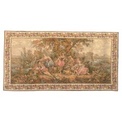 Bonito tapiz Jacquard estilo Aubusson francés vintage  " Reunión galante "