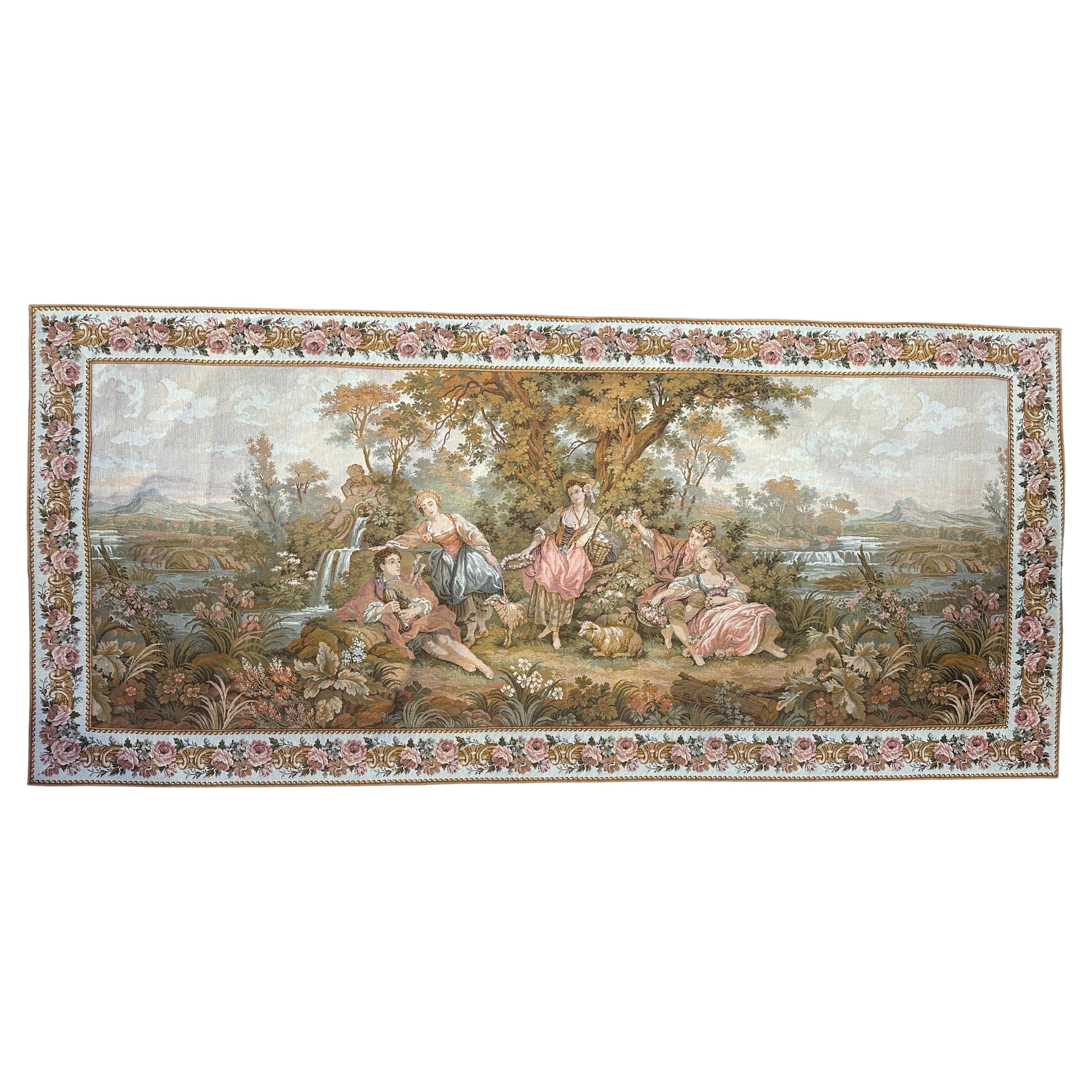 Schöner französischer Jacquard-Wandteppich im Aubusson-Stil, Vintage " Gallantes Treffen "