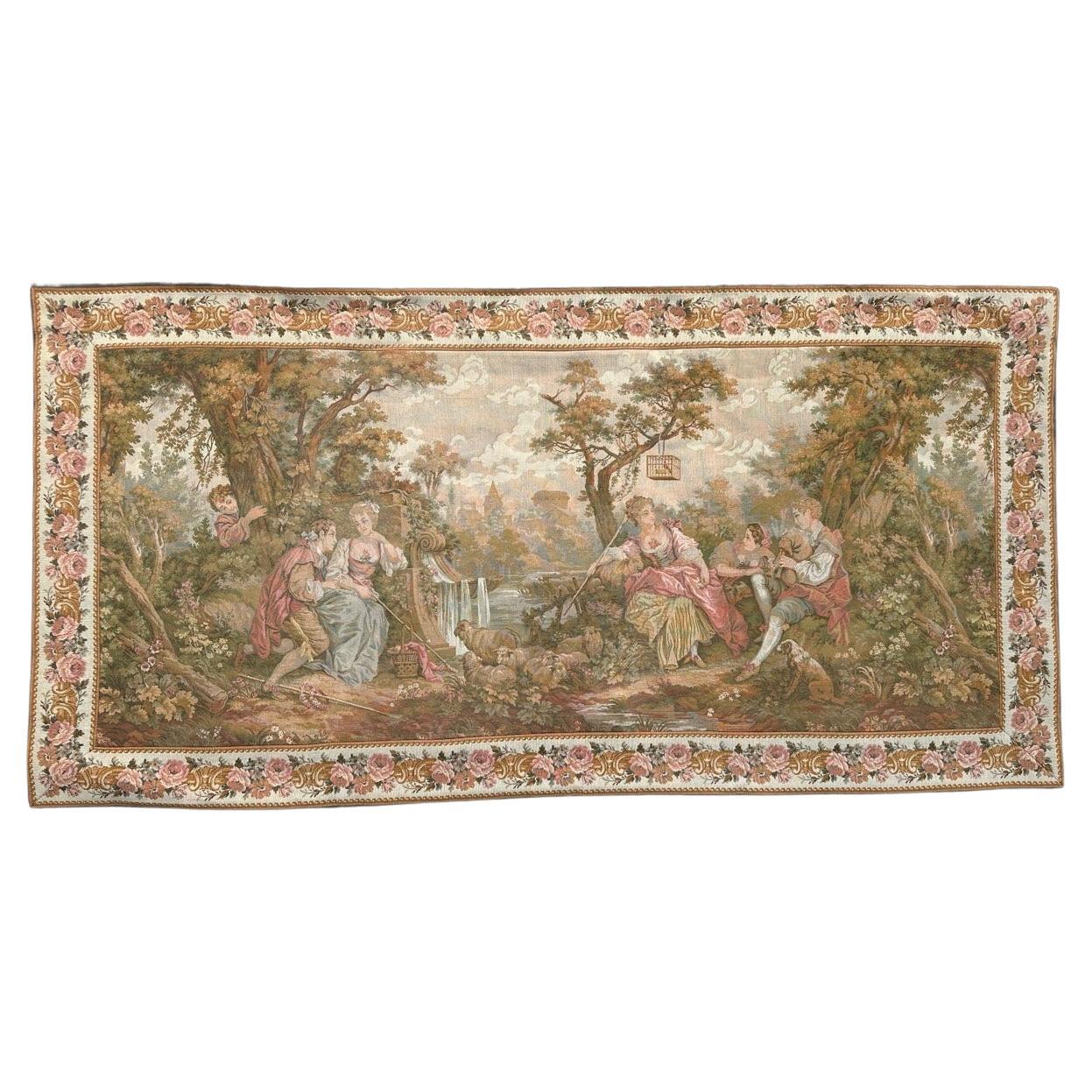 Schöner französischer Jacquard-Wandteppich im Aubusson-Stil, Vintage  " Ausguck und Dudelsack "