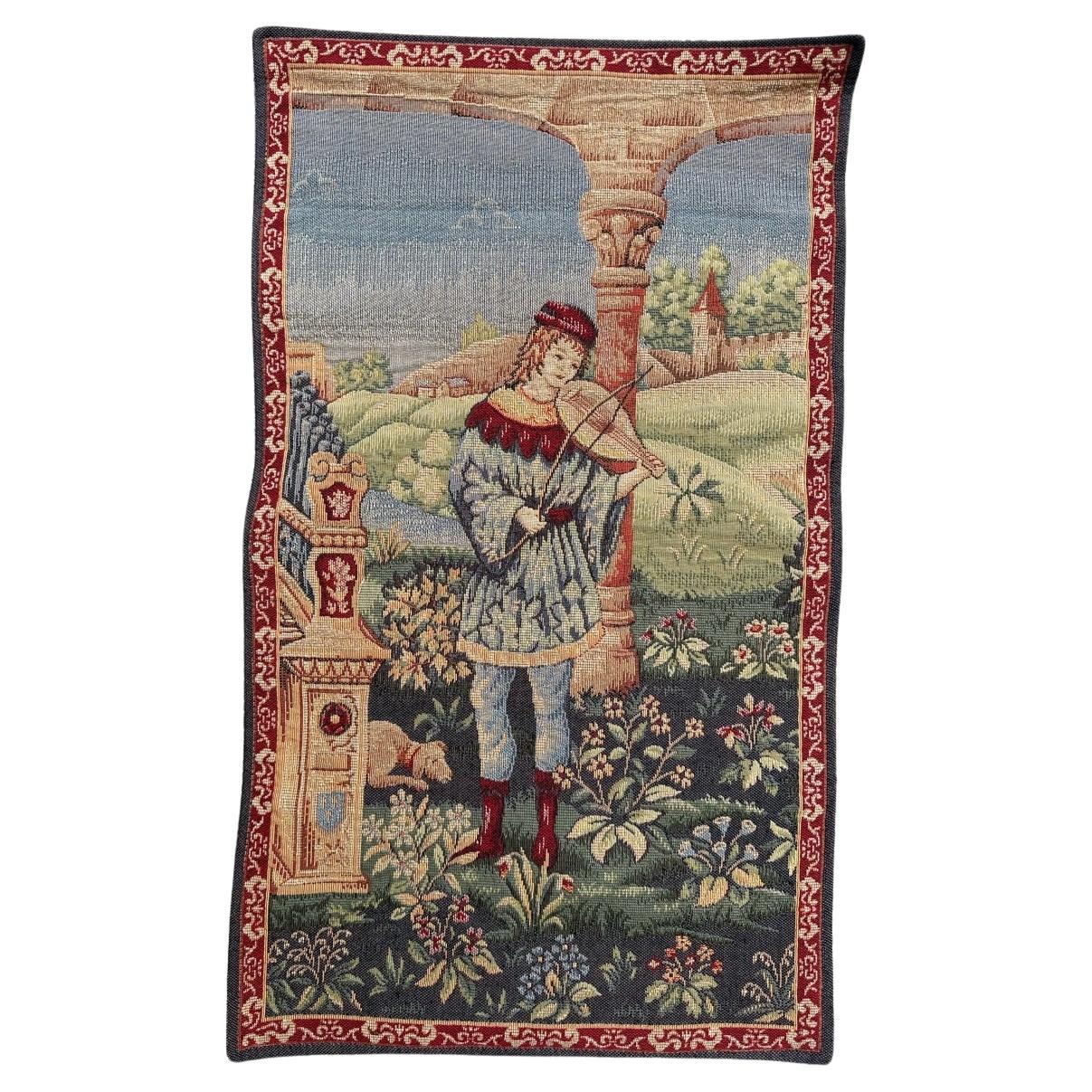 Bonito tapiz Jacquard estilo Aubusson francés vintage  " Trovador "