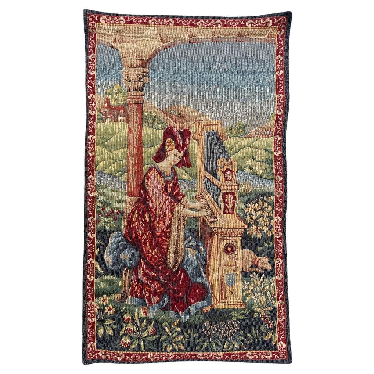 Bell'arazzo Jacquard francese vintage in stile Aubusson  " giovane donna "