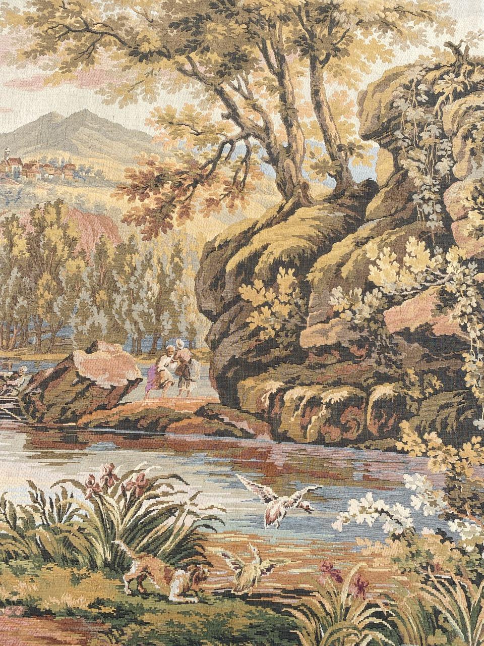 Very beautiful mid century French tapestry with beautiful design of river and villagers, and beautiful colors, mechanical Jaquar manufacturing with wool and cotton.

✨✨✨

