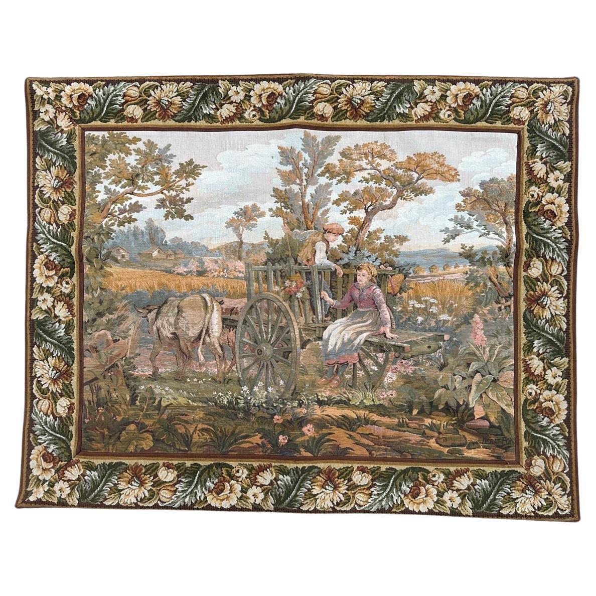 Bobyrug’s Nice Vintage French Aubusson Style Jaquar Tapestry For Sale