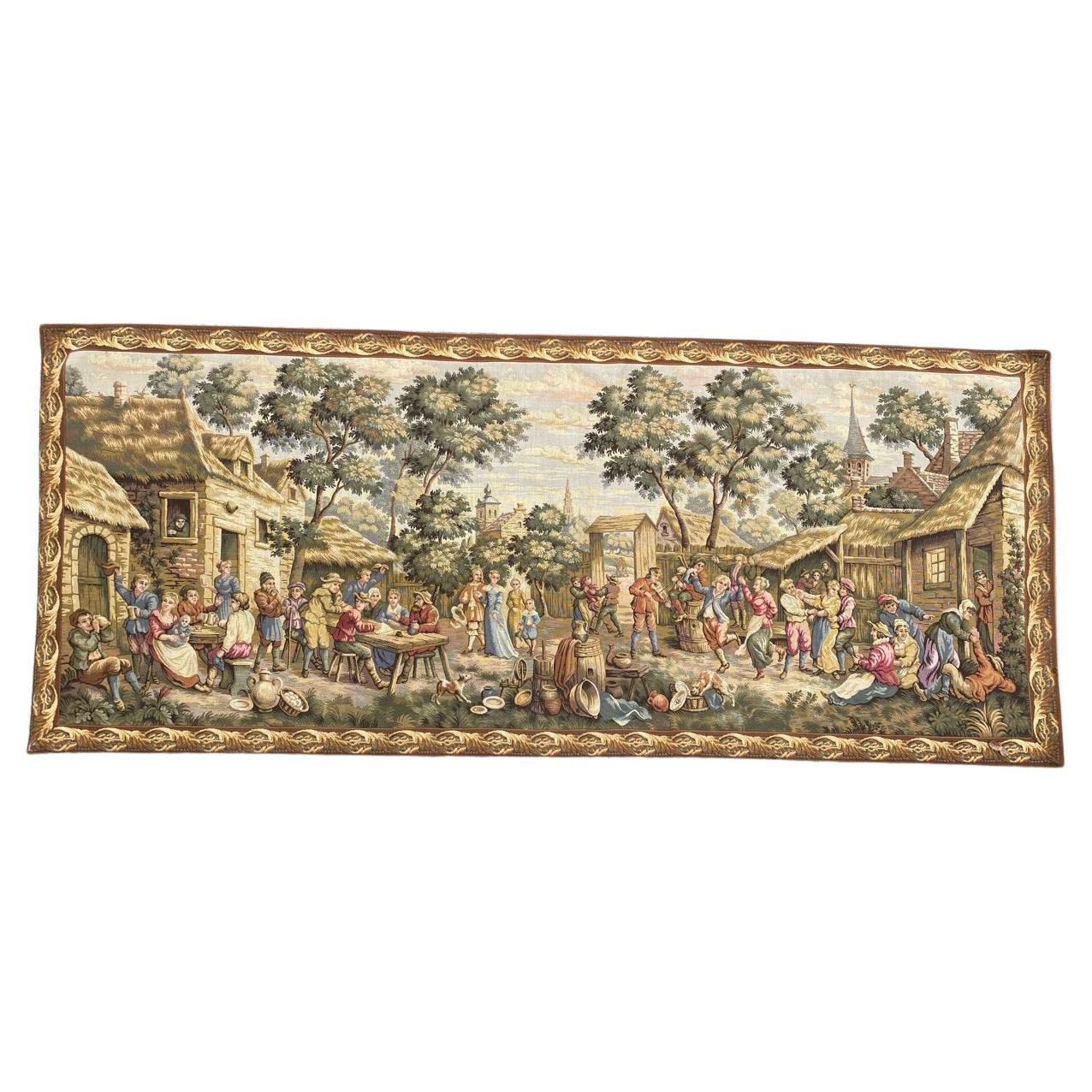 Belle tapisserie Jacquard de style Aubusson " Fête des villageois ".