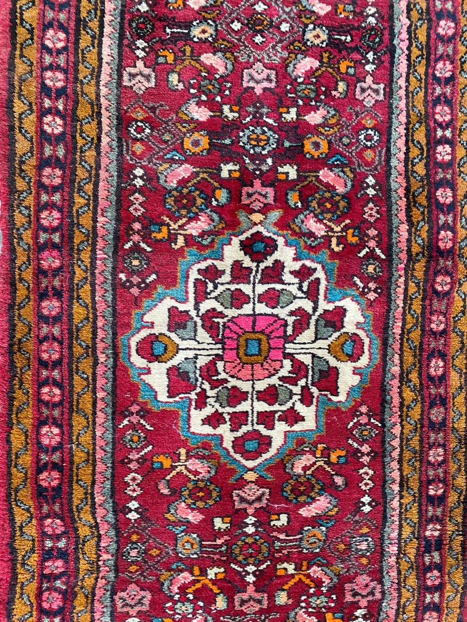 Nice mid century Moussel Hamadan rug with beautiful floral design and nice colors, entirely hand knotted with wool velvet on cotton foundation.