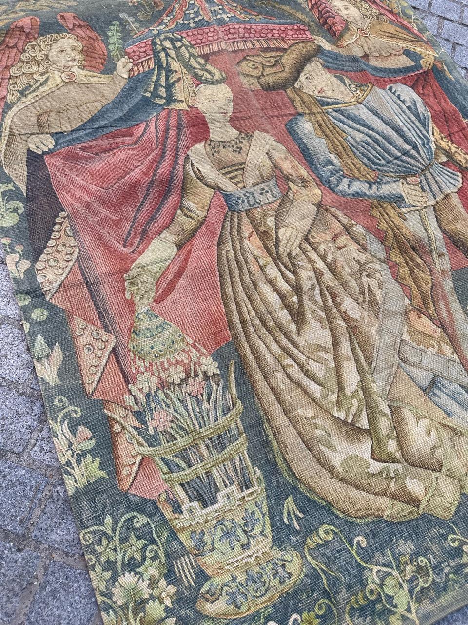 Bobyrug’s Nice Vintage Hand Painted French Tapestry with Medieval Museum Design For Sale 7