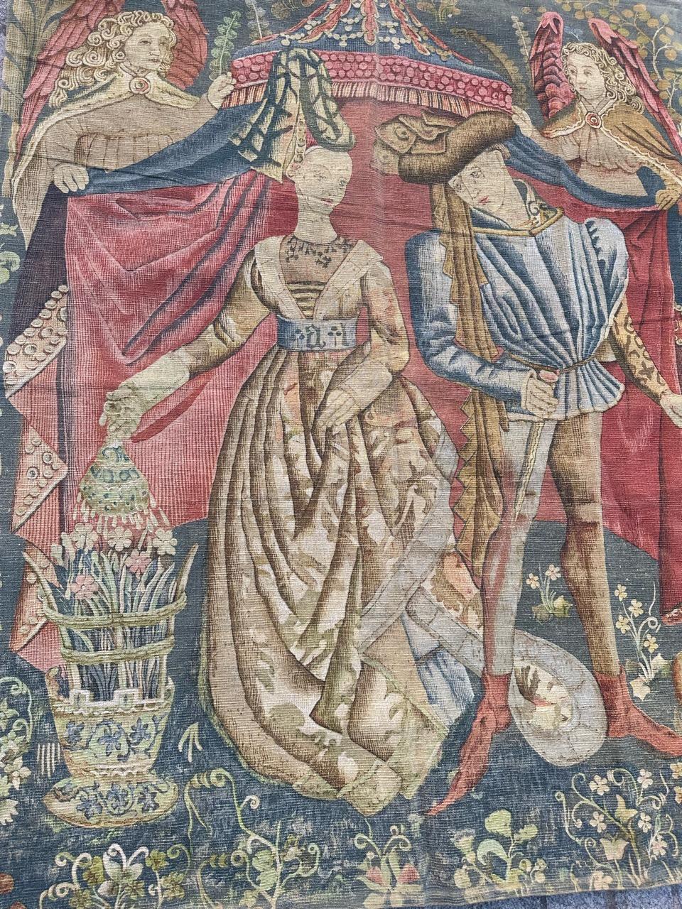 Bobyrug’s Nice Vintage Hand Painted French Tapestry with Medieval Museum Design For Sale 8