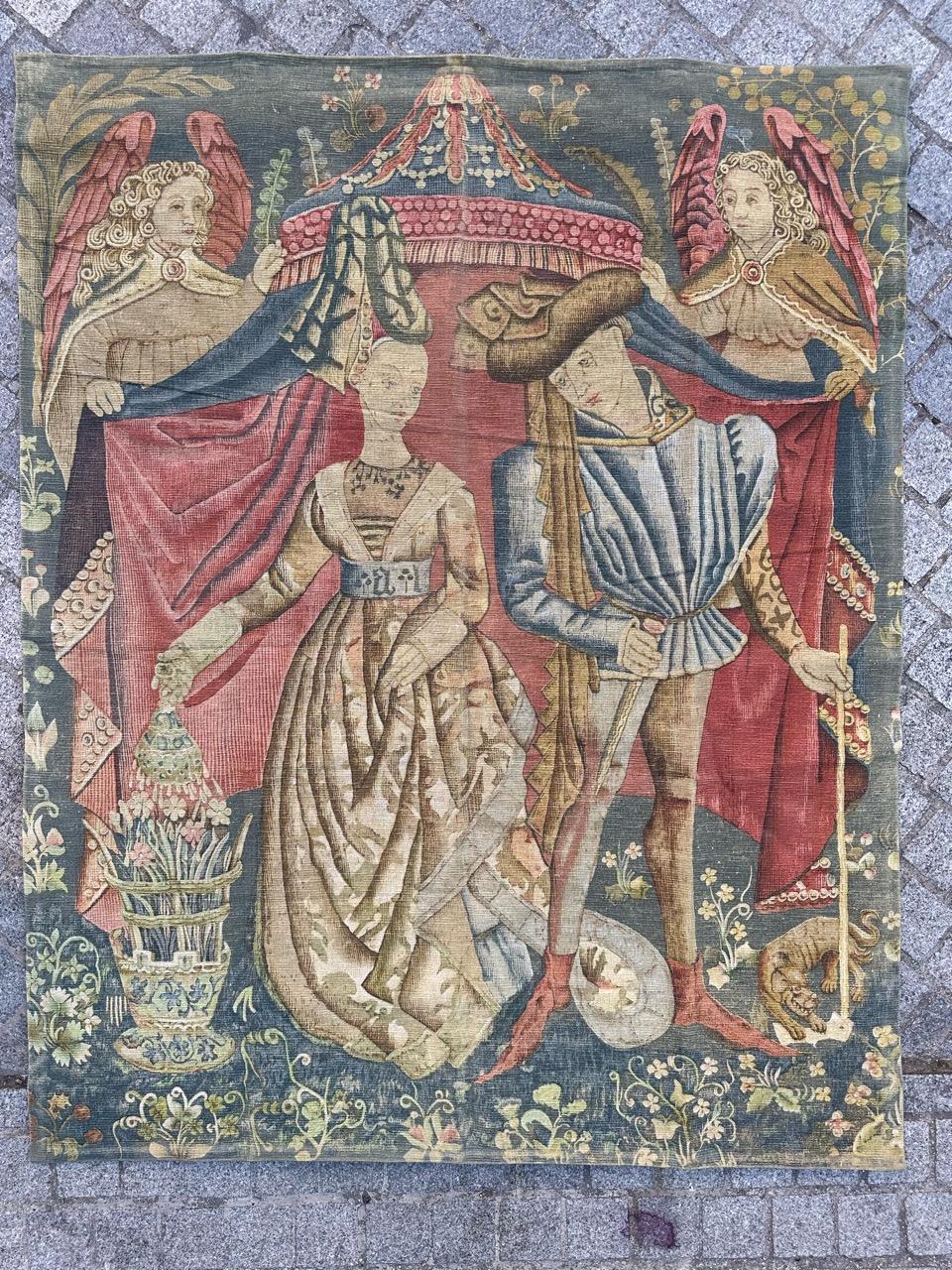 Discover the allure of the 15th-century masterpiece in your home with this exquisite midcentury French tapestry. featuring the design of a medieval tapestry “Charles of Orleans and Marie of Cleves” (Franco-Flemish atelier) at a medieval Parisian